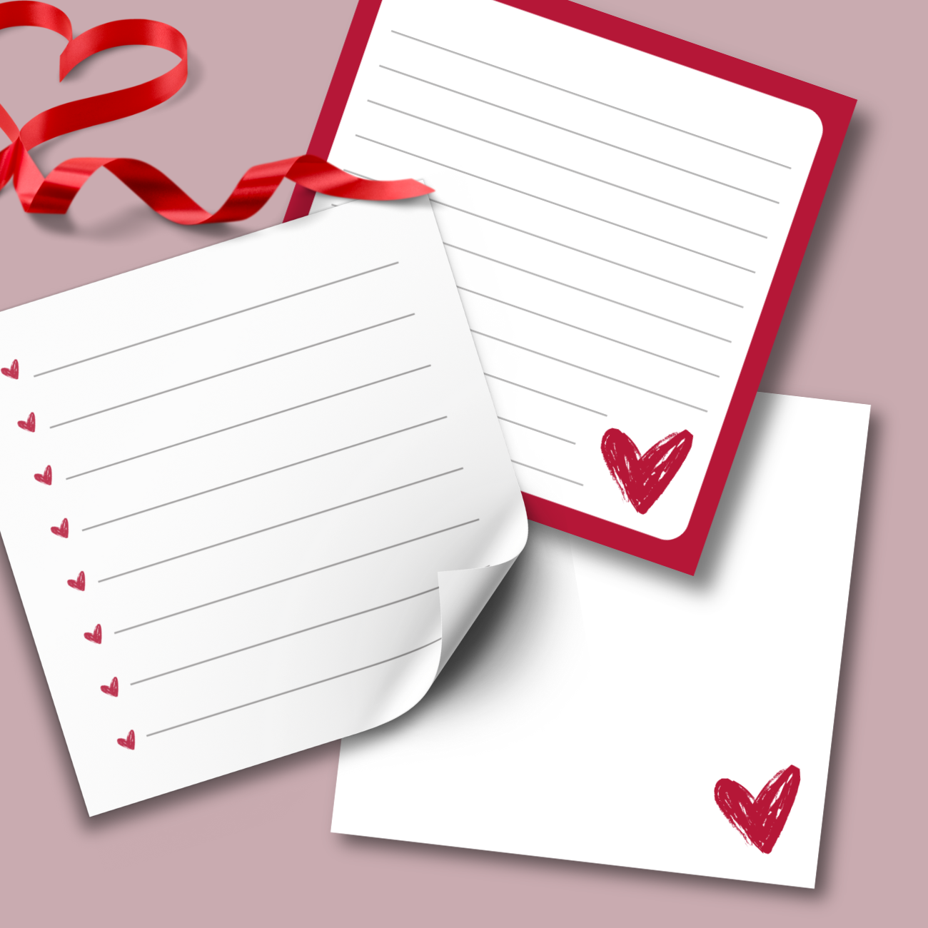“Trio of digital memo pads with red borders and simple heart elements, showing mix of lined and blank styles for personal or planner use.”