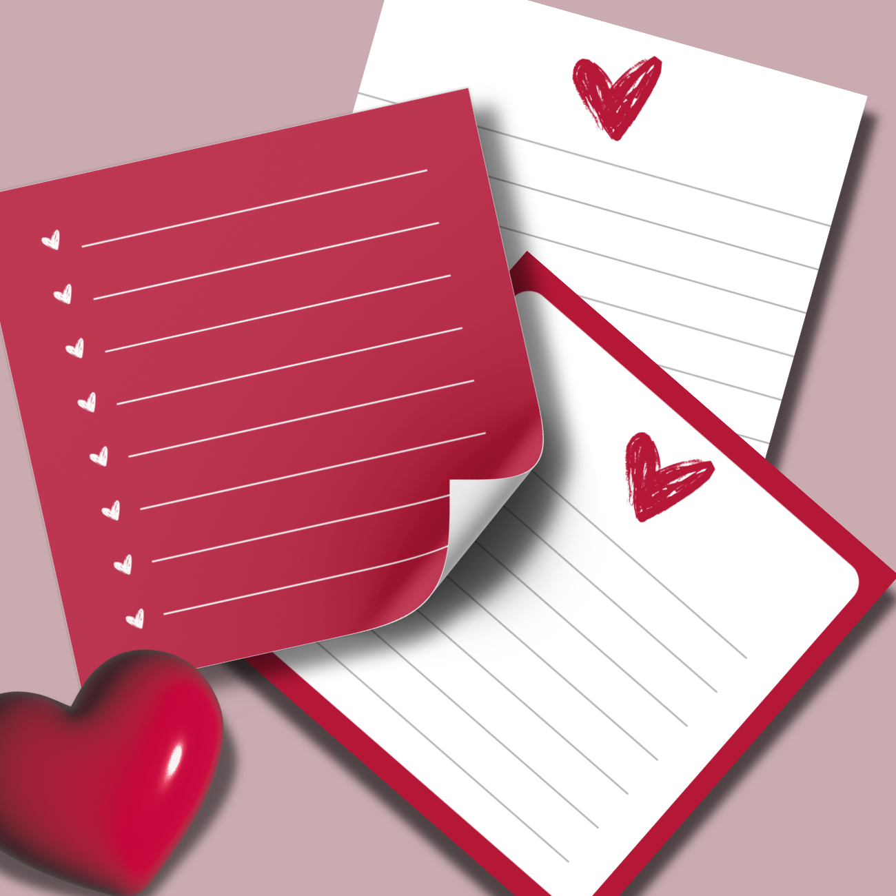 “Set of three red and white printable memo pads including grid, lined, and framed heart note formats, perfect for planners or love notes.”