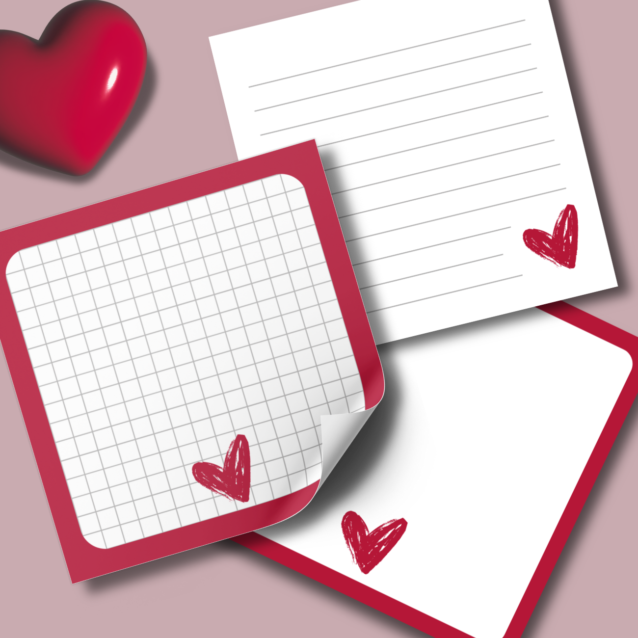 “Valentine-inspired memo pads featuring heart checklists, white space for notes, and soft dot grid patterns in printable 3x3 design format.”