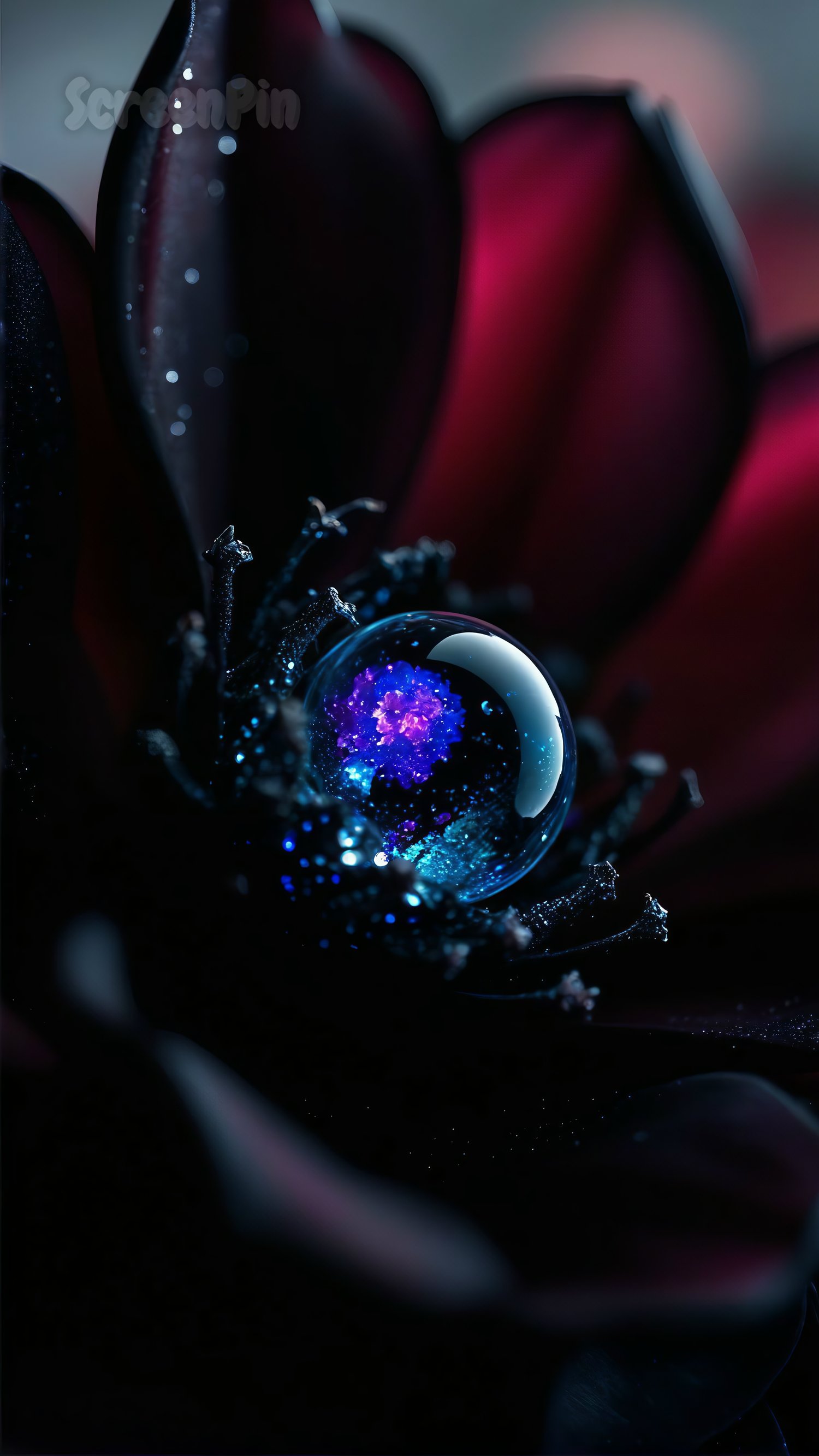 Close-up digital artwork of a mysterious flower with dark velvety petals and surreal shimmering texture