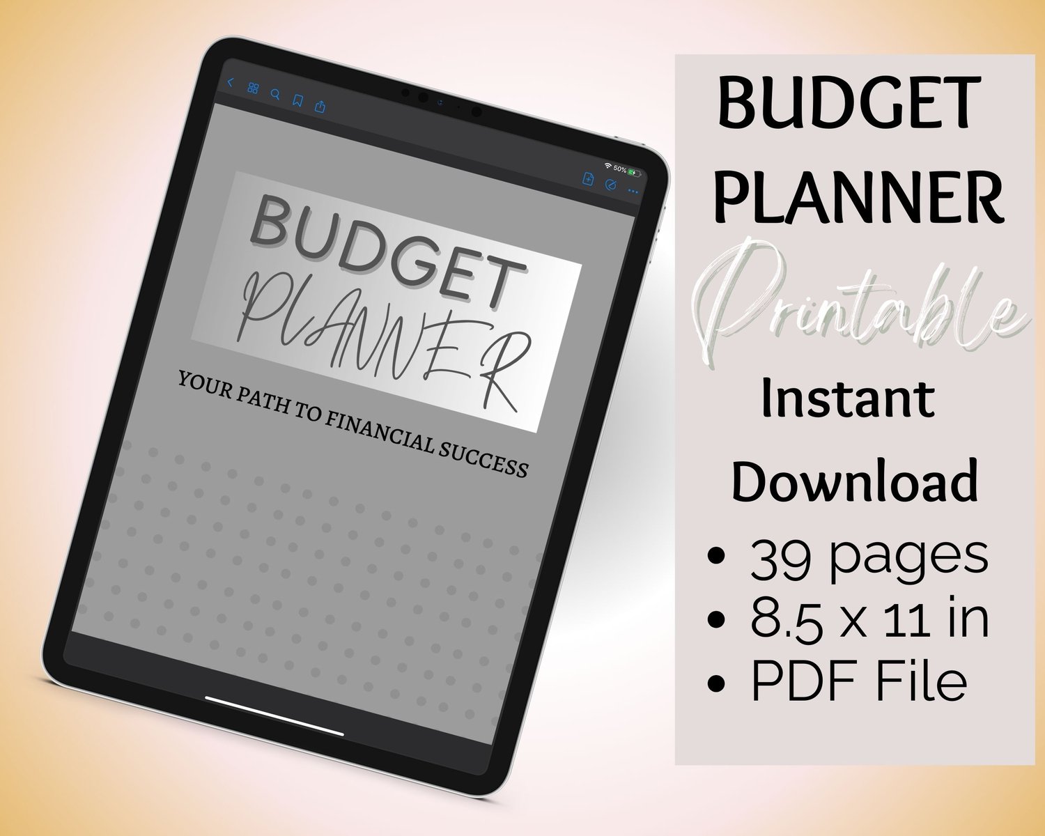 Tablet displaying a Digital Budget Planner PDF cover with text overlay showing printable, instant download, 39 pages, 8.5 x 11 inches, PDF file