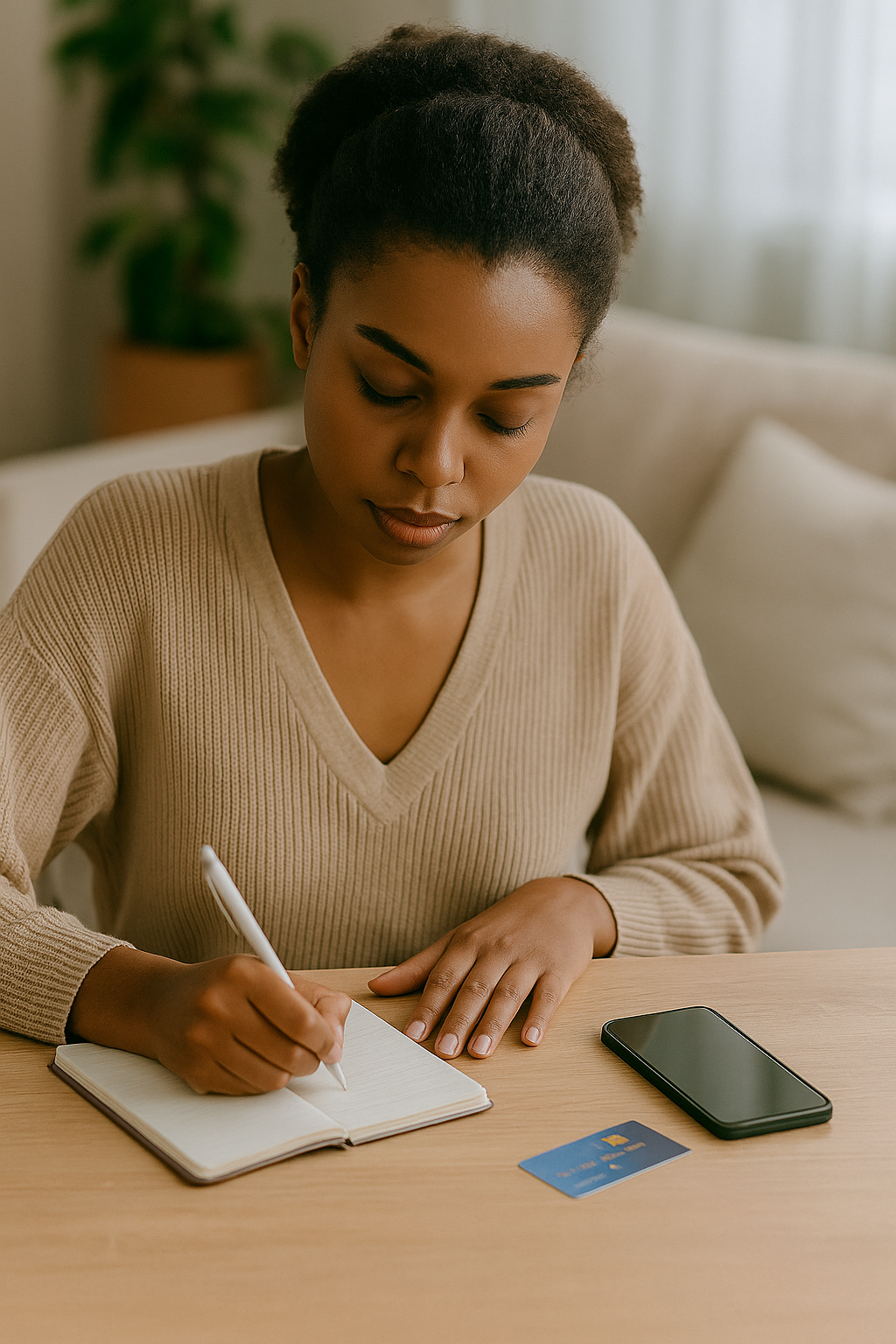 Young woman pausing to reflect before making a purchase, with a journal and credit card nearby—capturing the concept of emotional spending awareness.