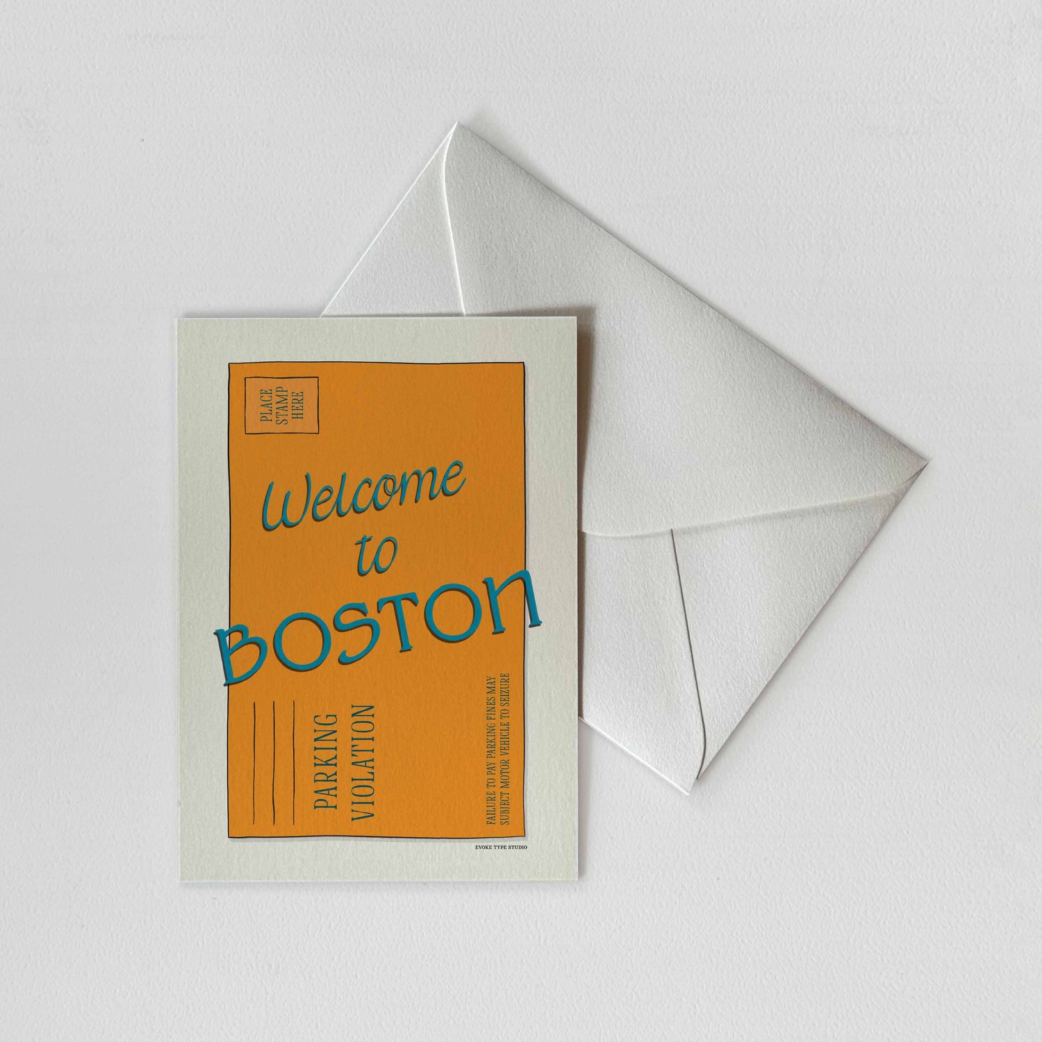 A notecard of an orange parking ticket envelope with the words "Welcome to Boston" drawn in unique lettering styles with a white envelope. Artwork has a orange and blue color scheme
