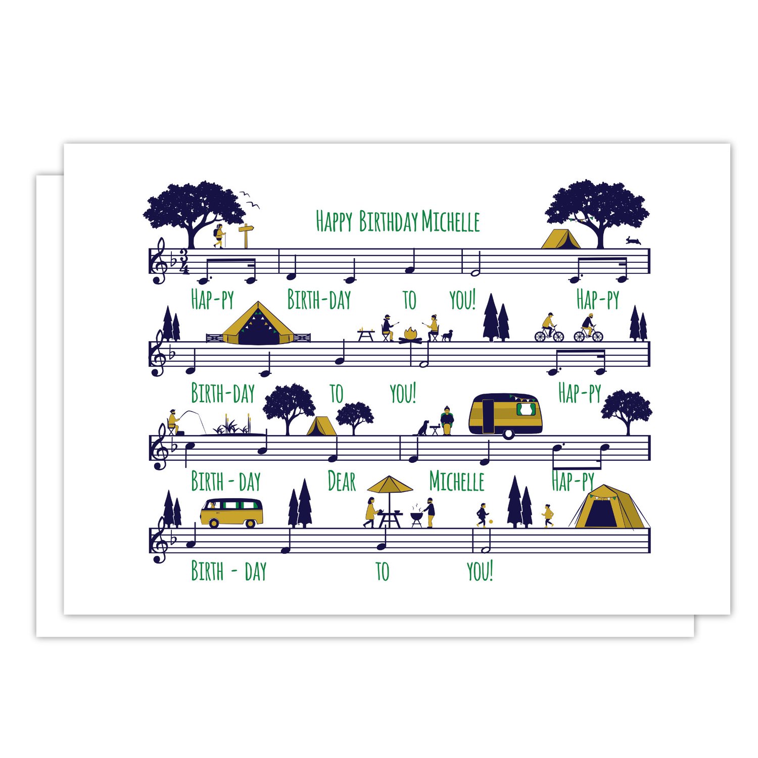 Illustrated camping birthday card with tent, forest and sheet-music background – quirky outdoor adventure card for campers and hikers.