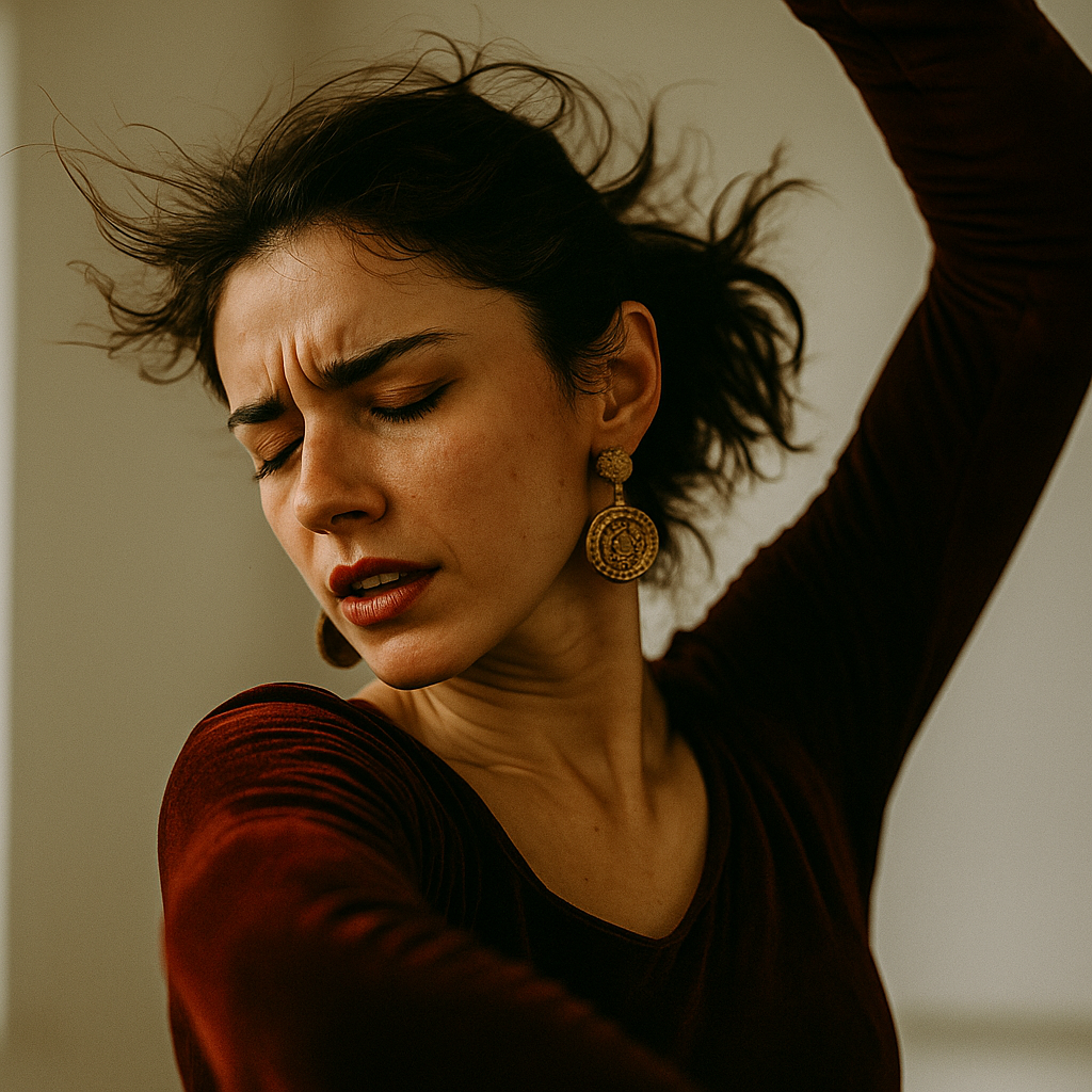 Emotional close-up of a flamenco dancer in studio, expressing passion and movement through dance — perfect for posts about dance education, emotional expression, and mindful teaching.