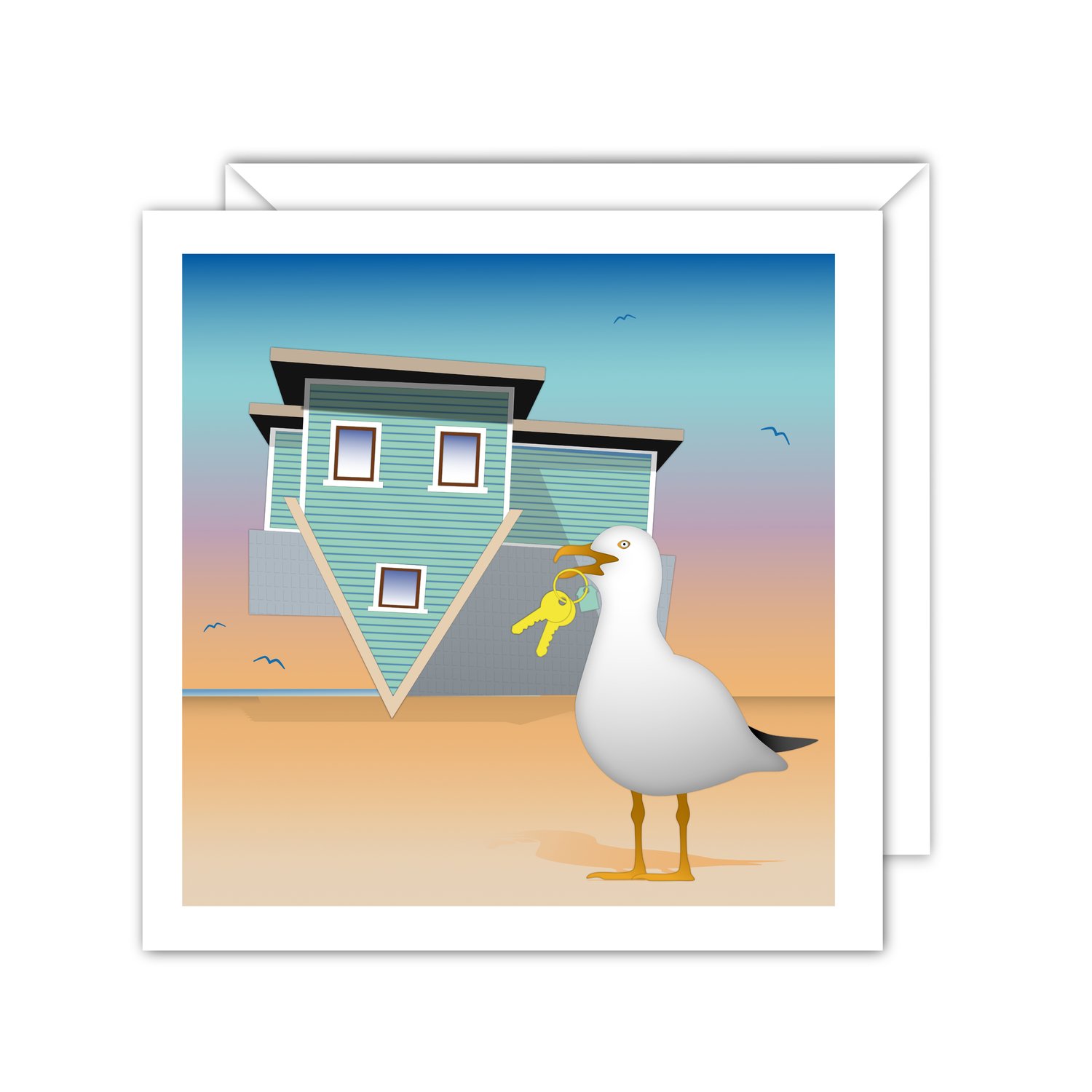 Greeting card illustration of Brighton Upside Down House with a seagull holding house keys for a new home