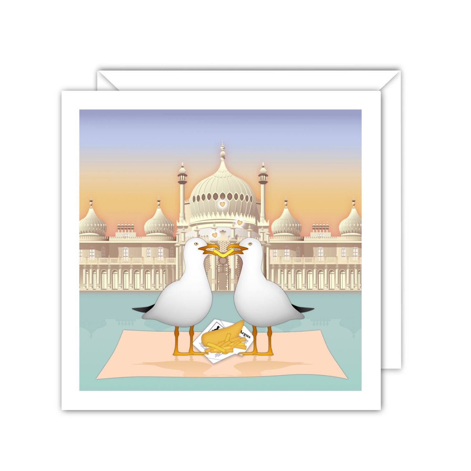 Romance, Brighton style: seagulls on a fish & chip date by the Pavilion. A cheeky seaside card for birthdays, love notes & laughs.