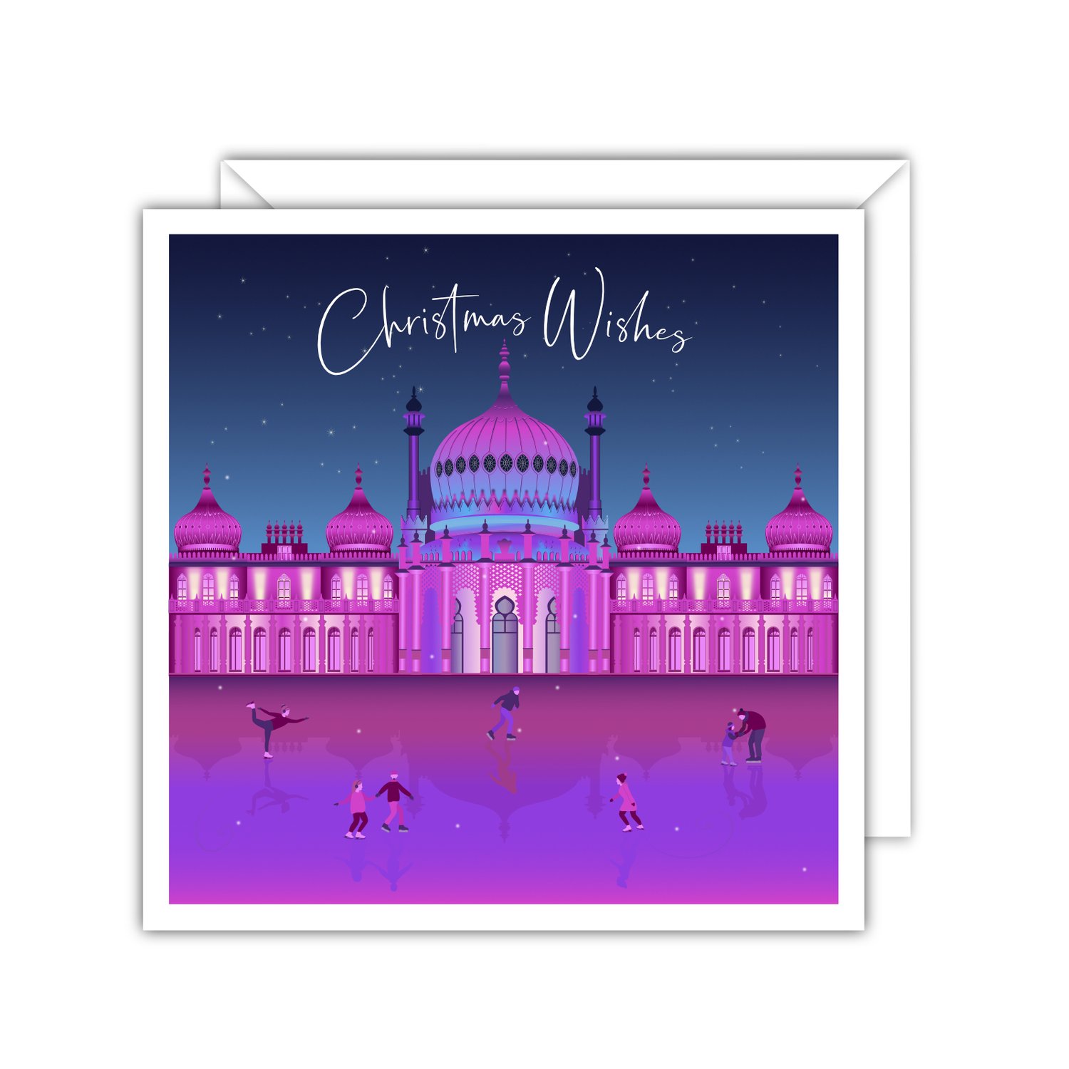 A Christmas Brighton Pavilion Scene with ice rink and ice skaters.