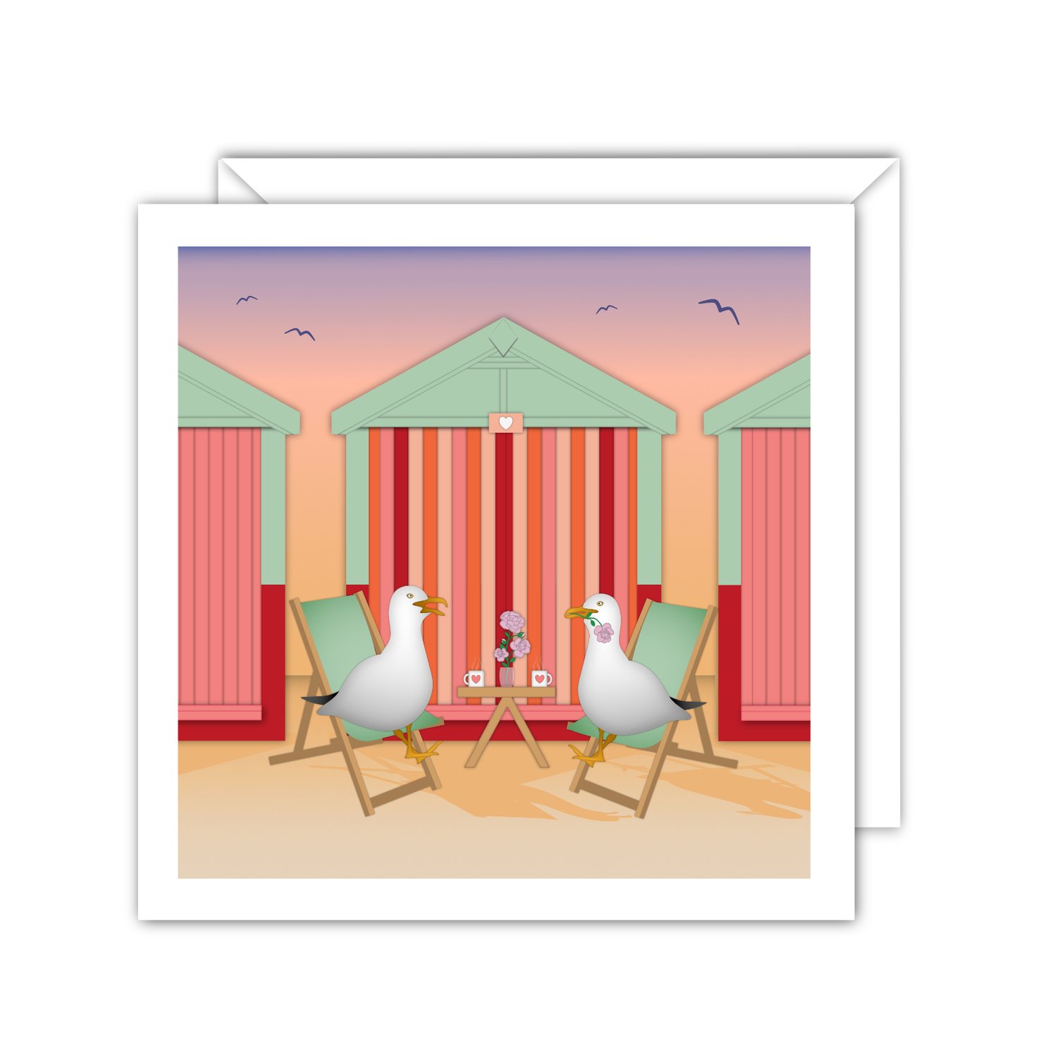 Greeting card illustration of two seagulls on a beach hut date by the seaside