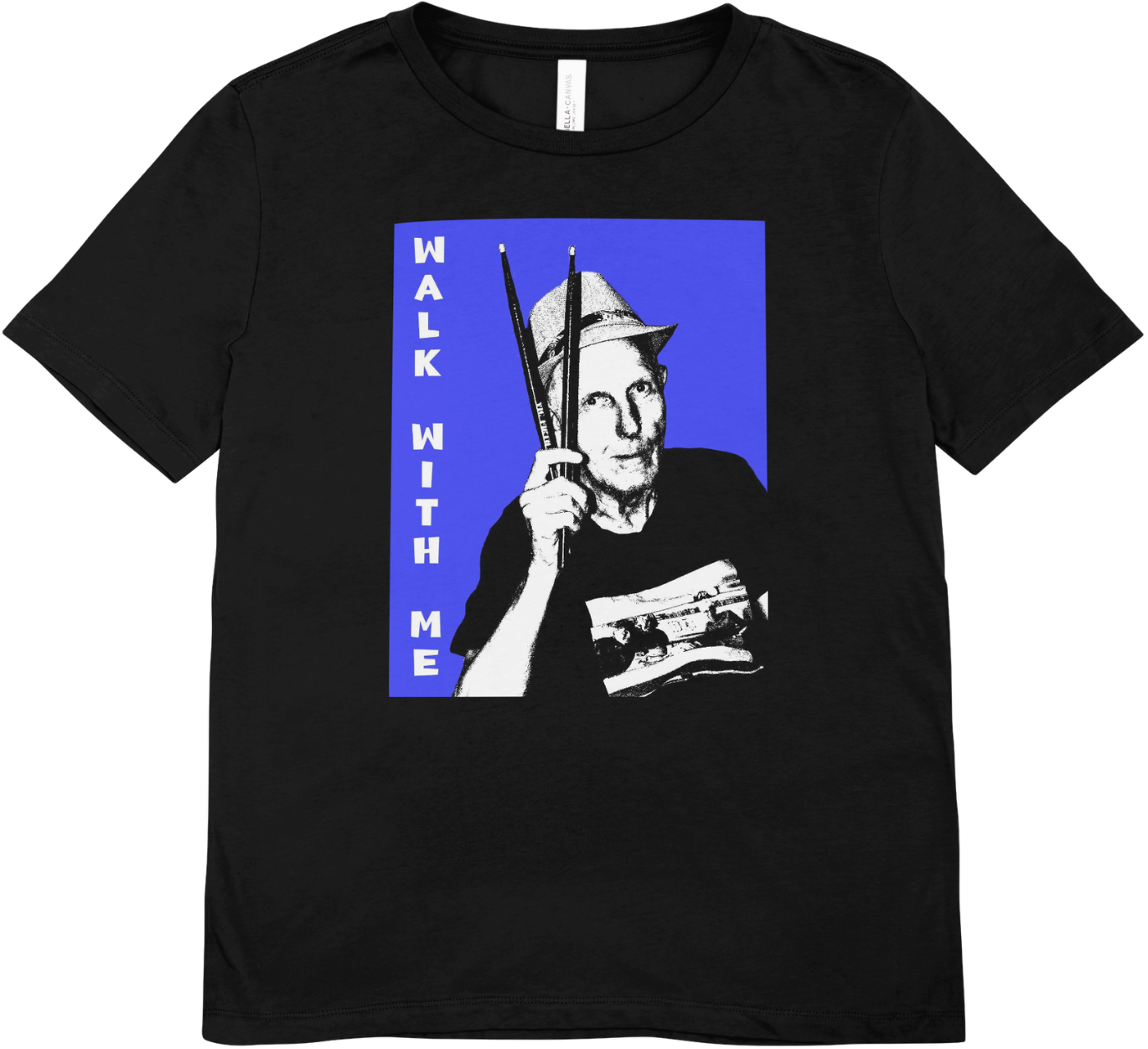 “Walk With Me” Blue on black T-shirt, featuring a clear front image of Dave, vibrant blue color, British-made, 100% cotton, double-stitched.