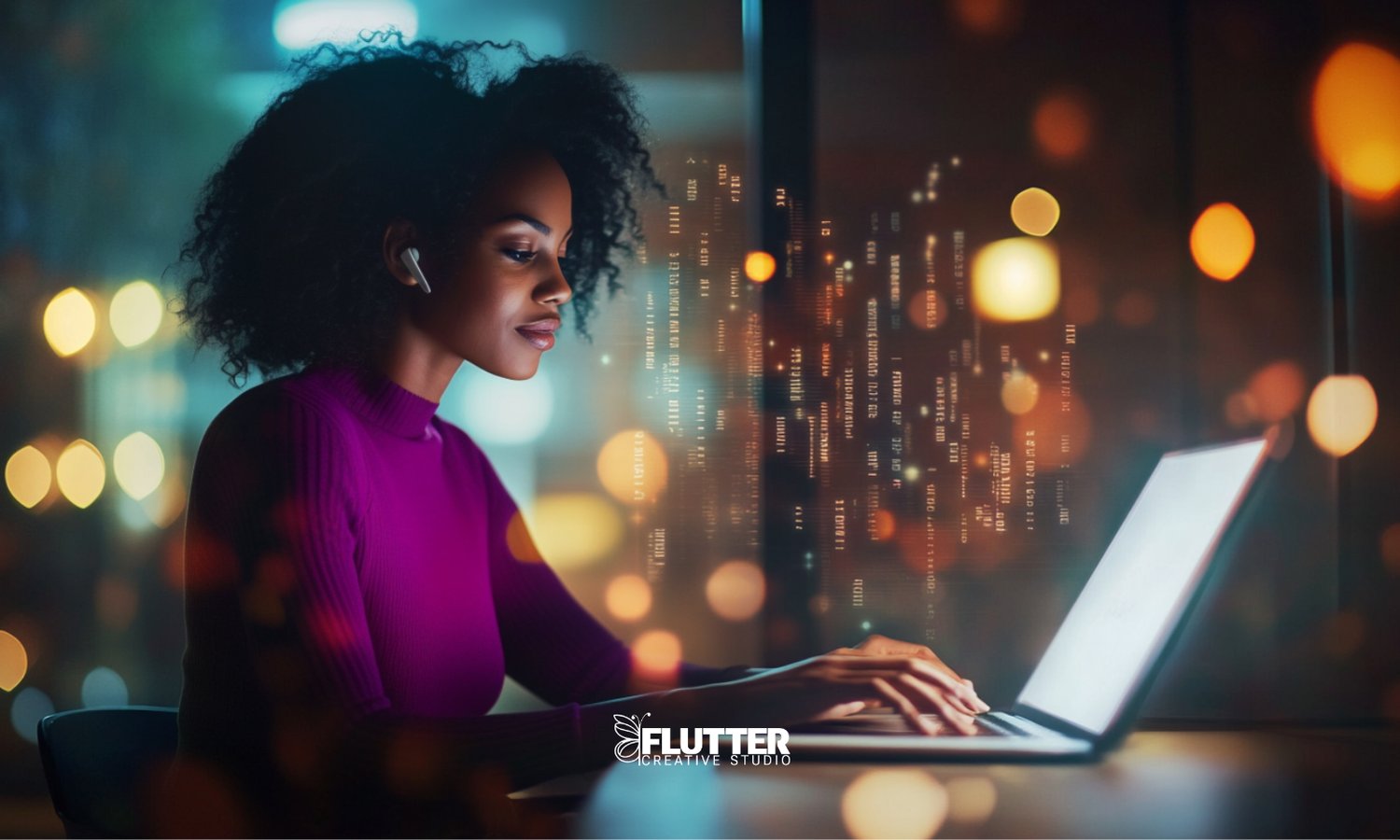African-American woman in her 30s typing on a laptop at night, surrounded by soft glowing lights and digital code, representing the balance between human writing and AI technology.