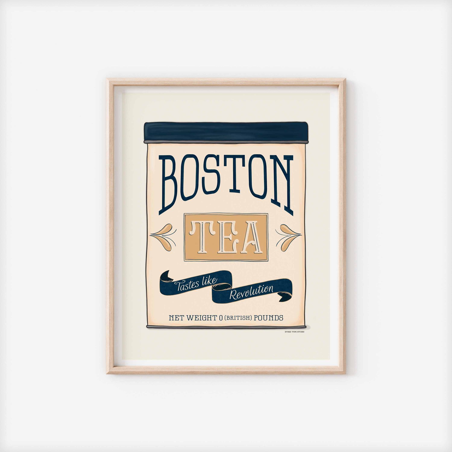 Hand-drawn ‘Tastes Like Revolution’ vintage tea tin art print in a nautical color palette inspired by the Boston Tea Party.