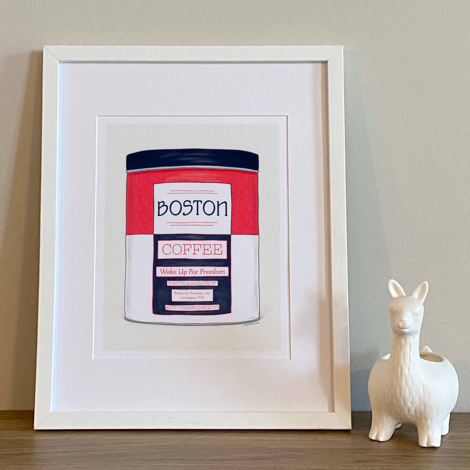 Hand-drawn Boston wall art featuring a vintage coffee tin design in the Patriotic color scheme.