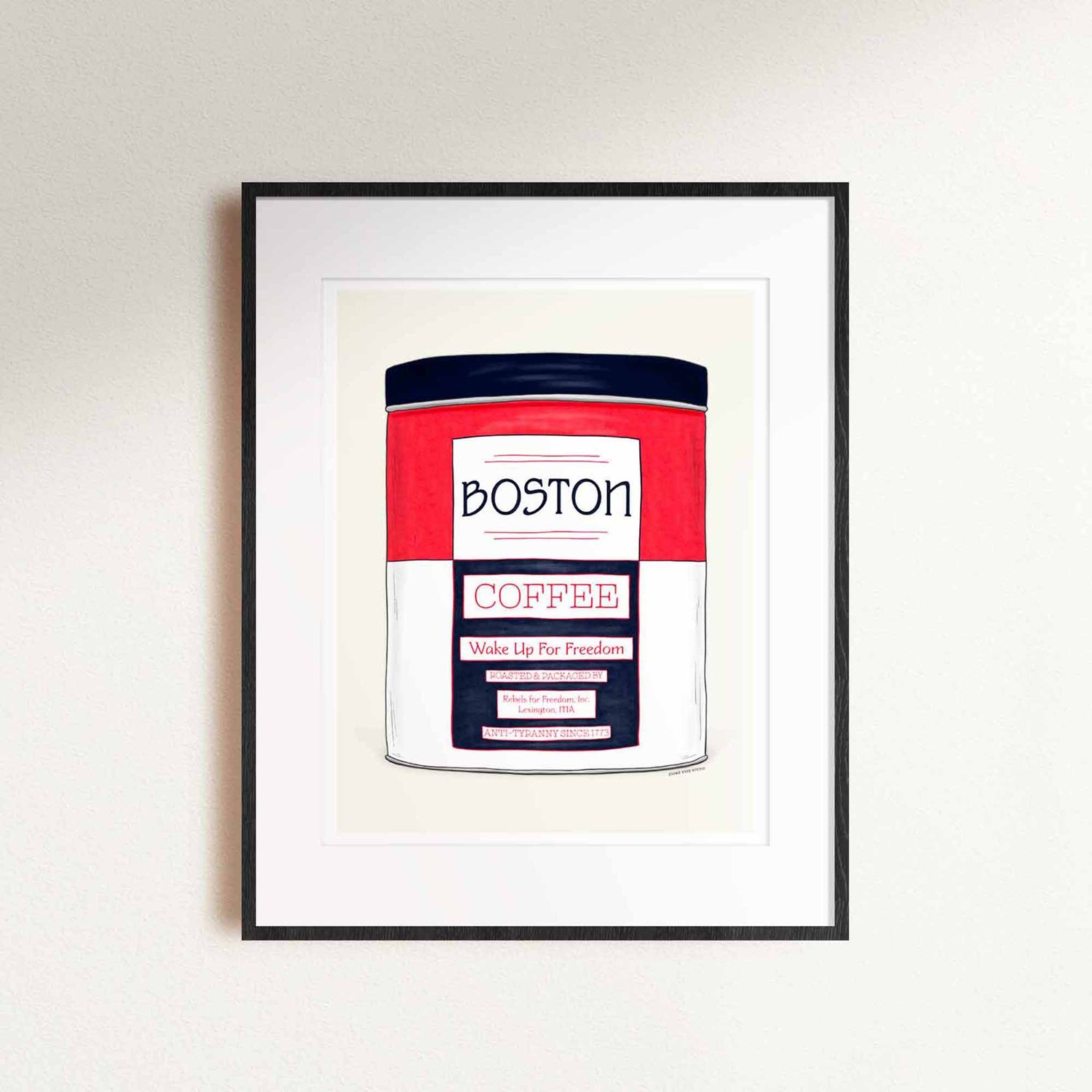 A framed artwork of this fake vintage Boston Coffee package.