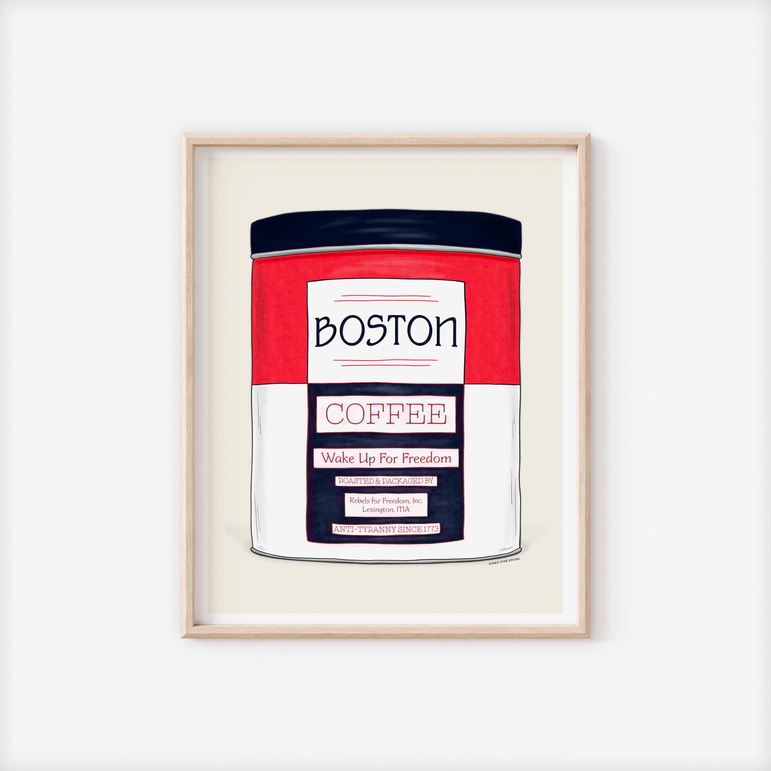 Hand-drawn Boston wall art featuring a vintage coffee tin design in the Patriotic color scheme.