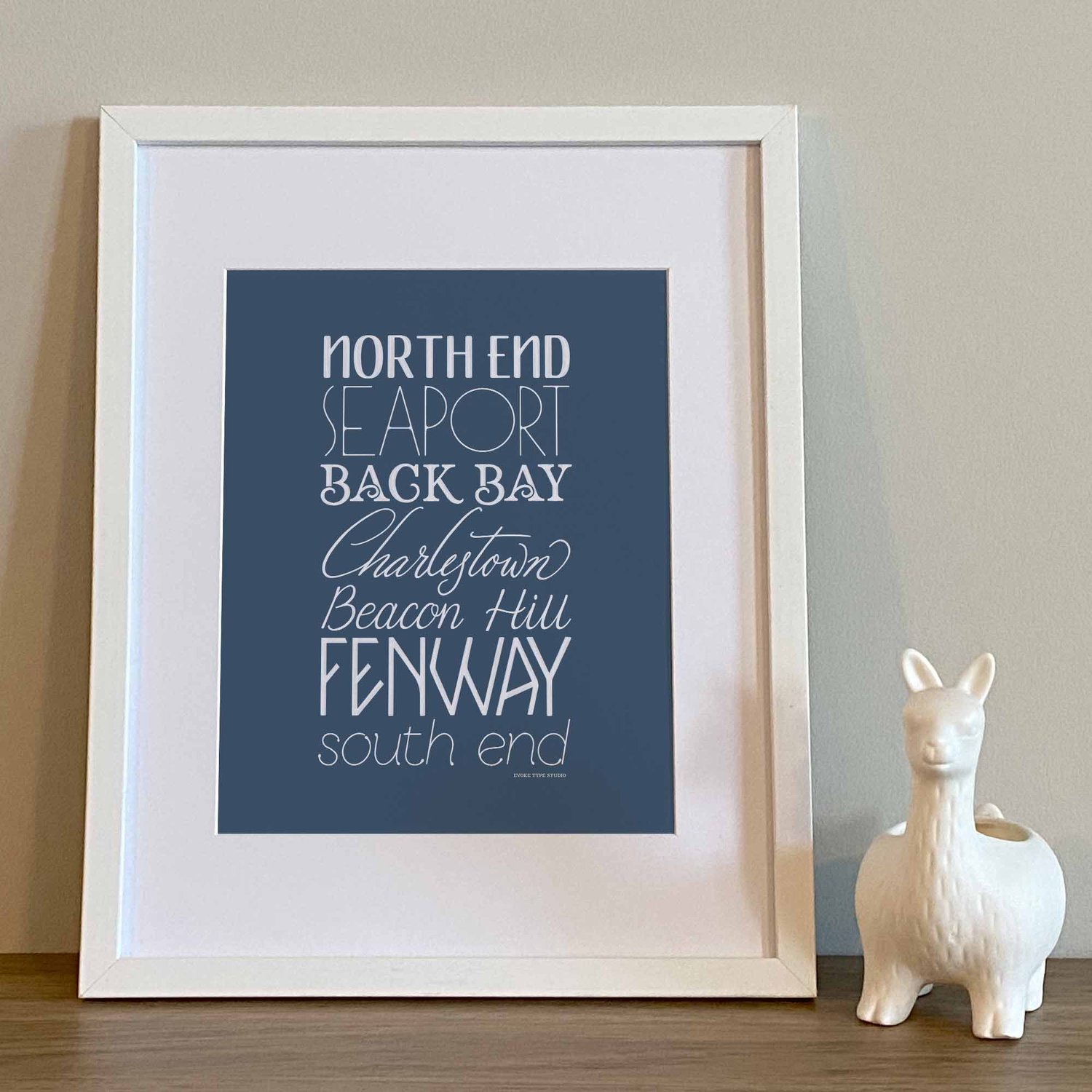 Boston Neighborhoods Type Stack print showcasing seven neighborhoods in expressive, hand-drawn typography.