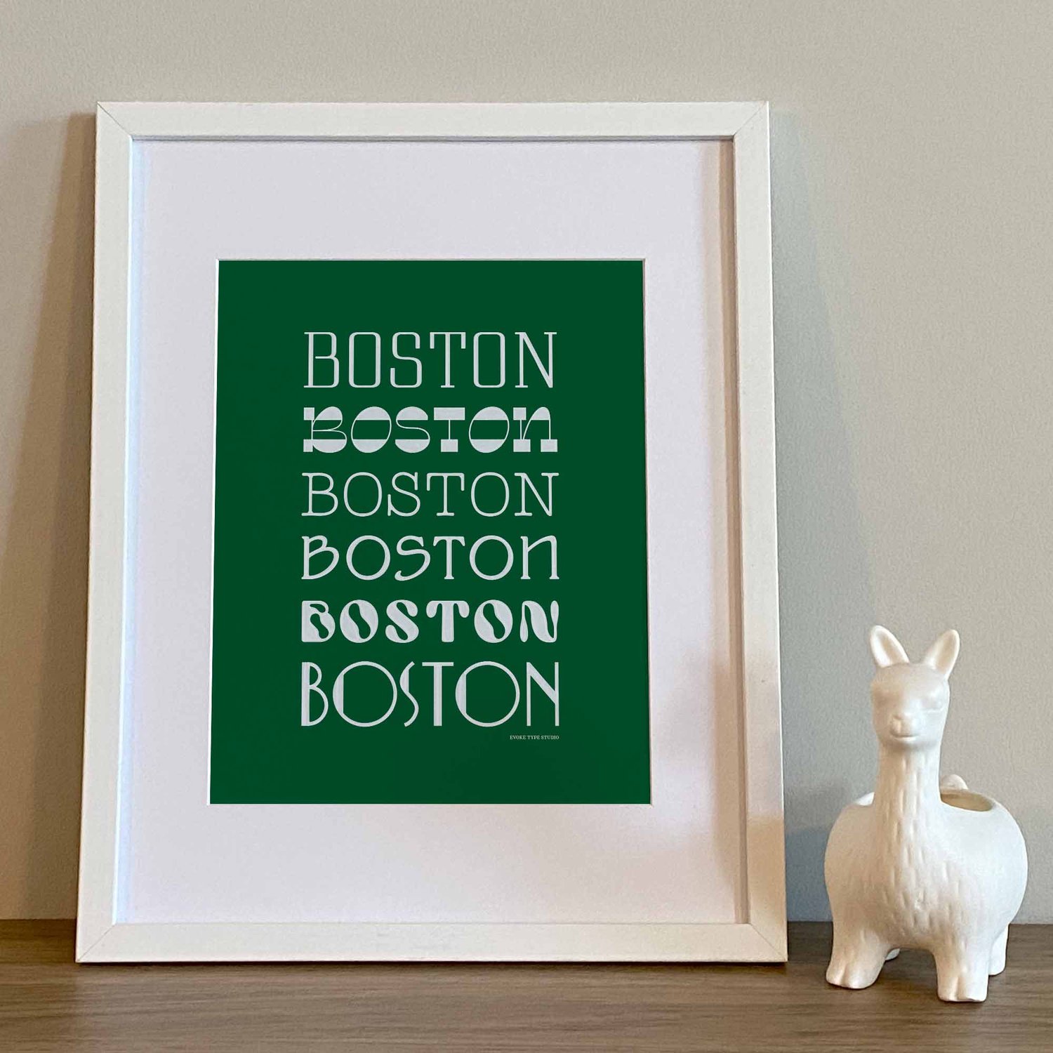 Boston city art print with expressive typography in a stacked arrangement, rendered in a color palette of green and white.