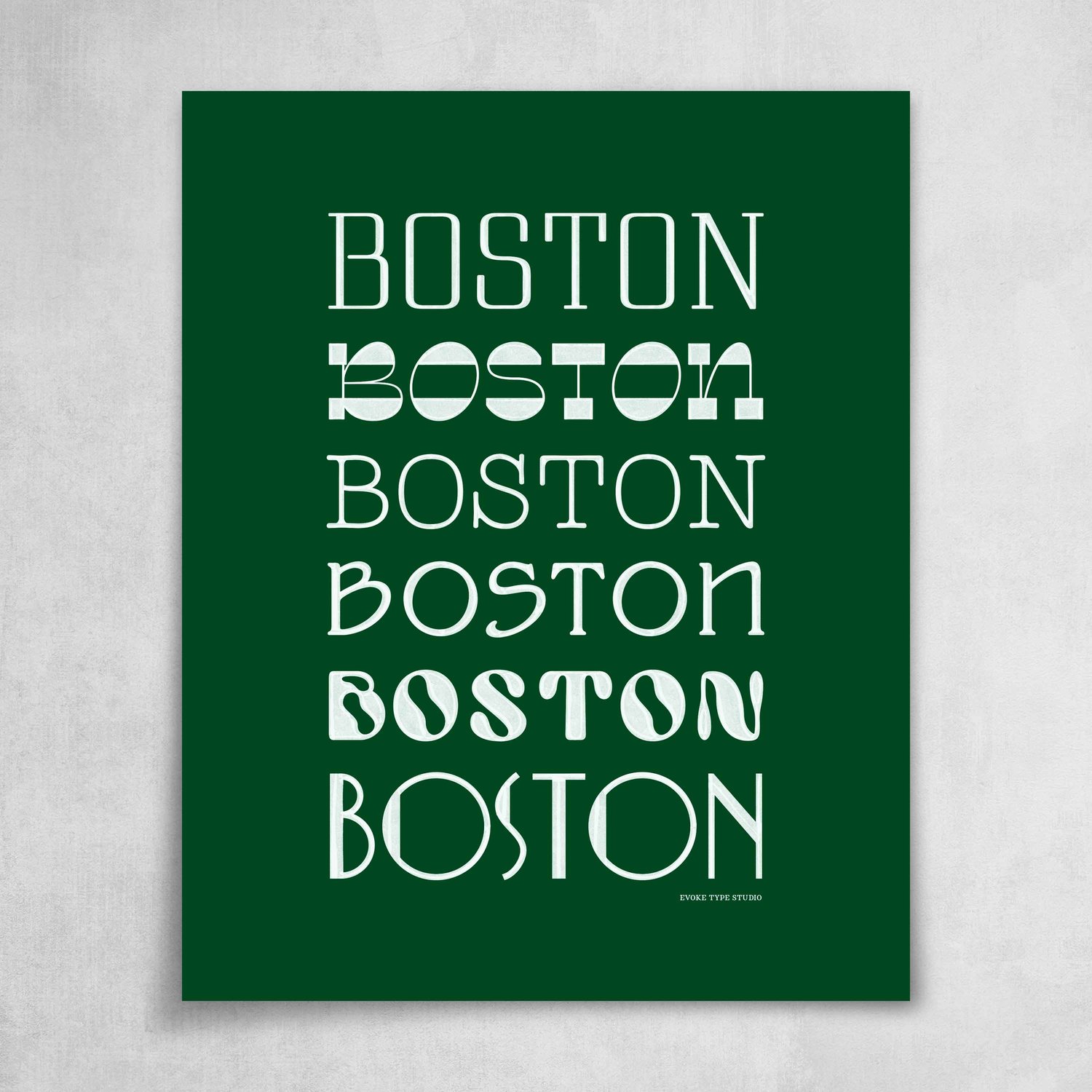 A collection of the word "Boston" drawn in various lettering styles. Artwork has a green and white color scheme.