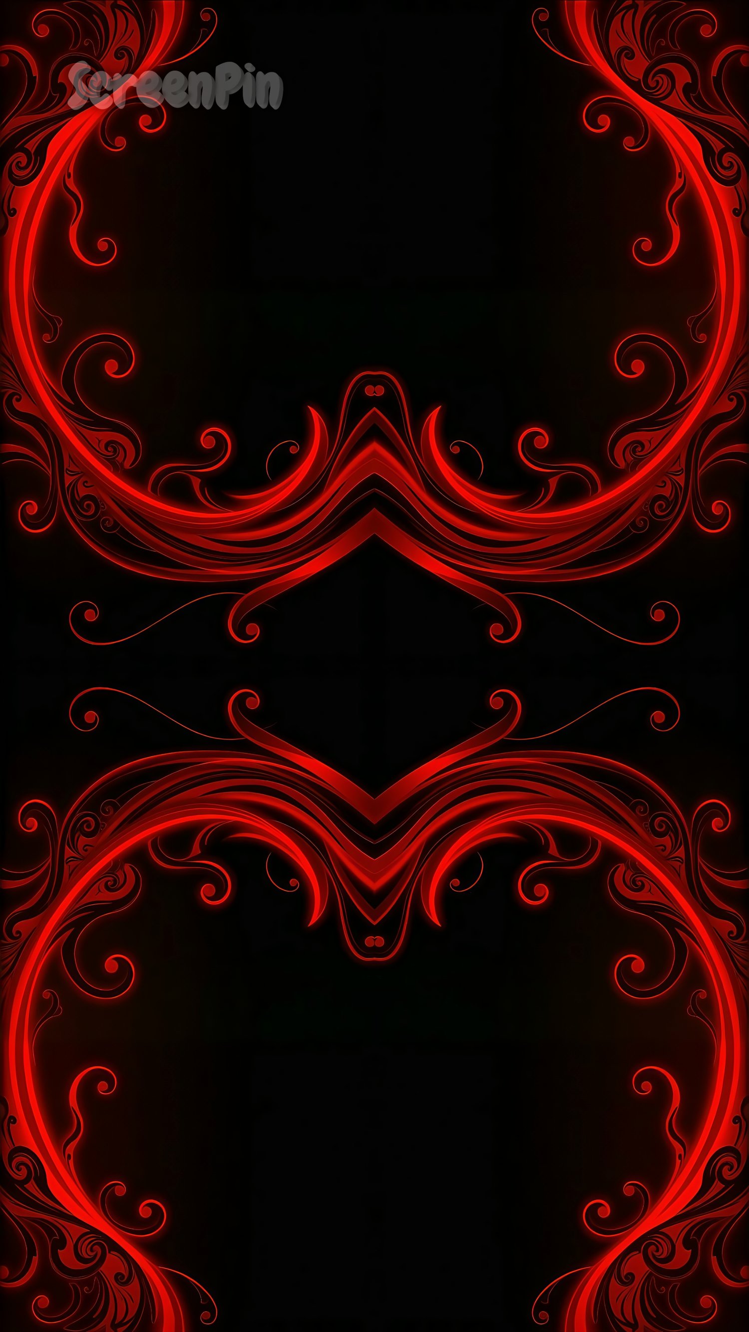 An elegant abstract artwork with red swirling lines on a black background, featuring intricate tribal and ornamental patterns in a bold, high-contrast design.