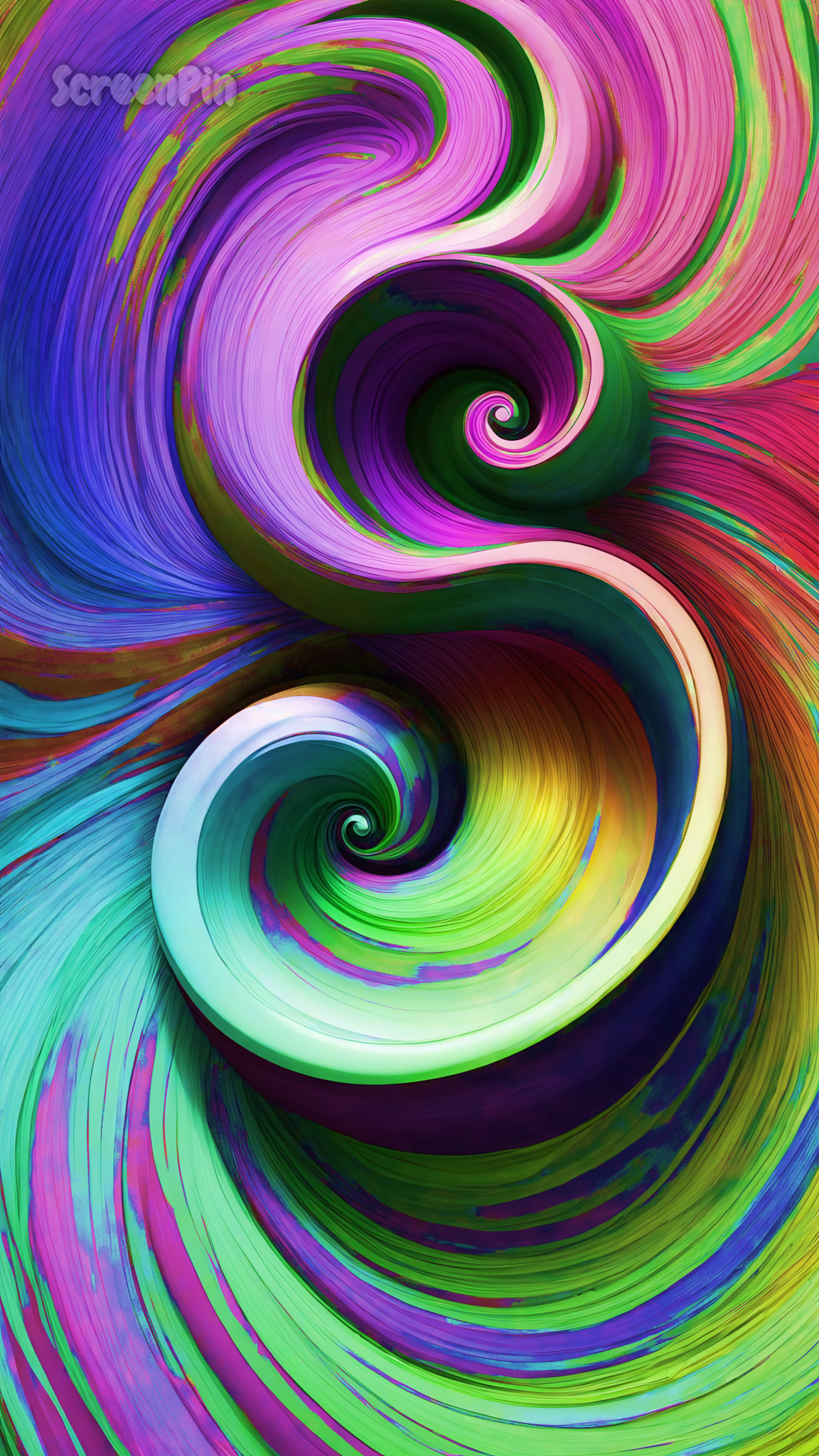 A digital artwork featuring multicolored swirling shapes with smooth gradients, flowing together in an energetic and abstract composition full of vibrant motion.