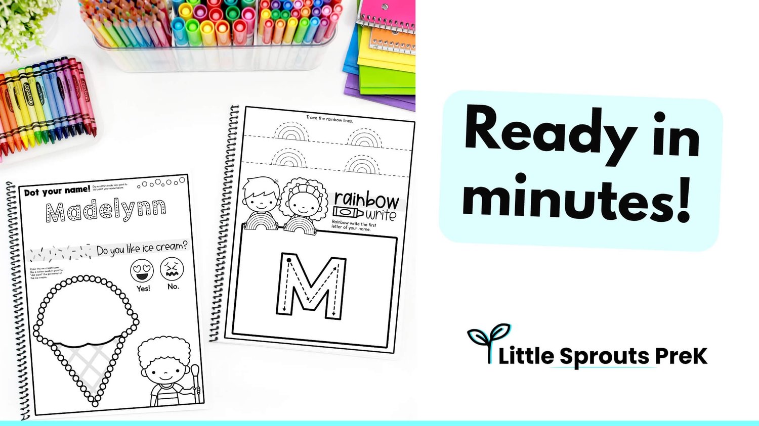 Editable name tracing workbook with cover and rainbow writing pages, surrounded by school supplies and crayons