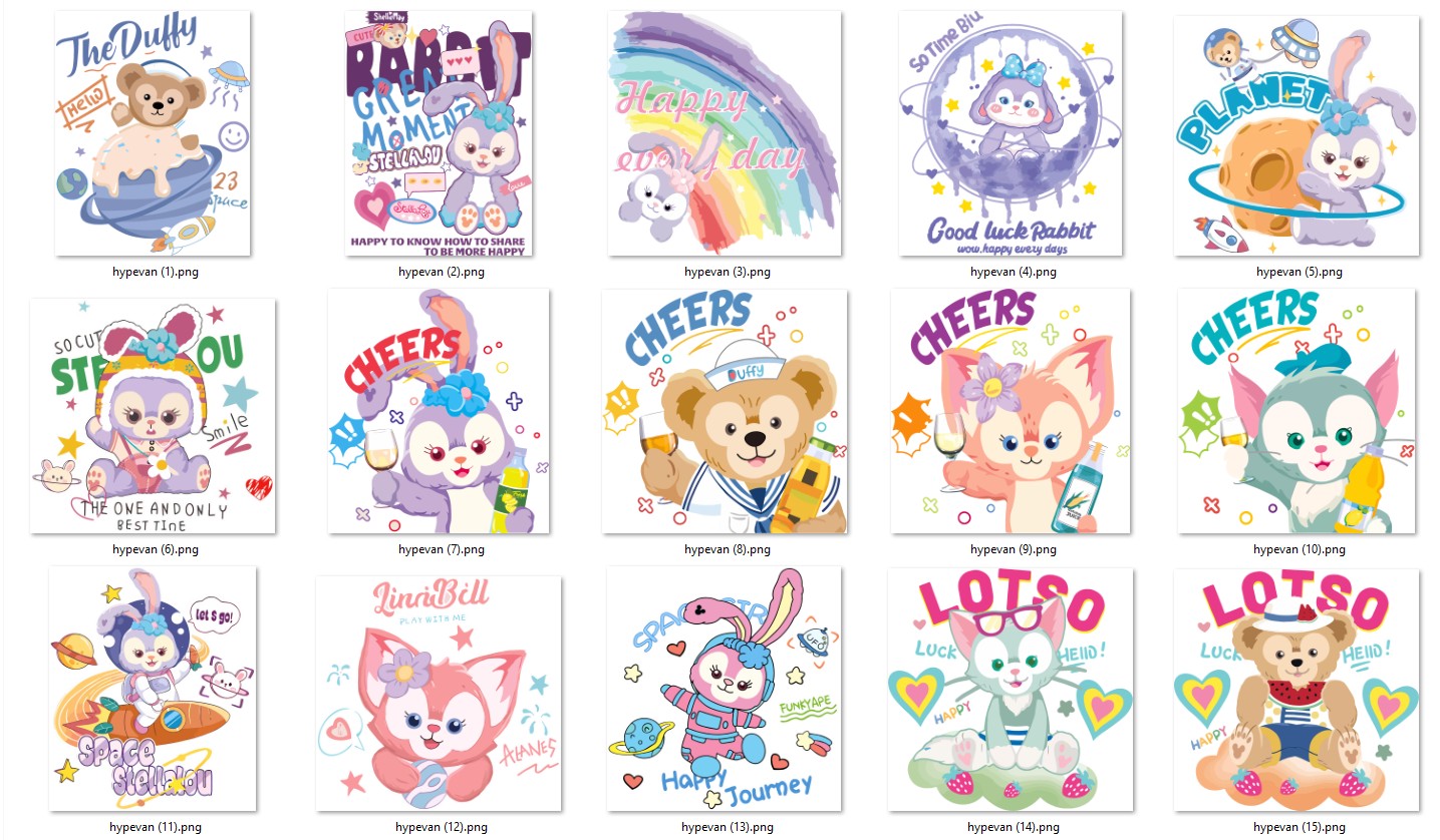 StellaLou Duffy Gelatoni PNG Bundle โ Cute Bunny Bear Cat Clipart for Sublimation, LinaBell Lotso Pastel Kawaii Animal SVG