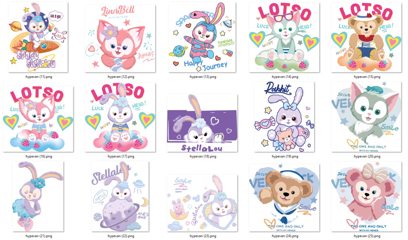 StellaLou Duffy Gelatoni PNG Bundle โ Cute Bunny Bear Cat Clipart for Sublimation, LinaBell Lotso Pastel Kawaii Animal SVG