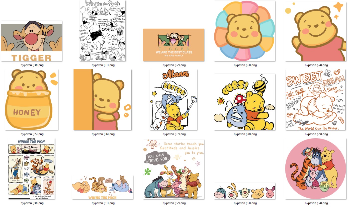35 Winnie the Pooh PNG Sublimation Pack – Cute Bear, Tigger, Piglet, Eeyore Clipart Bundle for Digital Planners, Sublimation & Scrapbooking