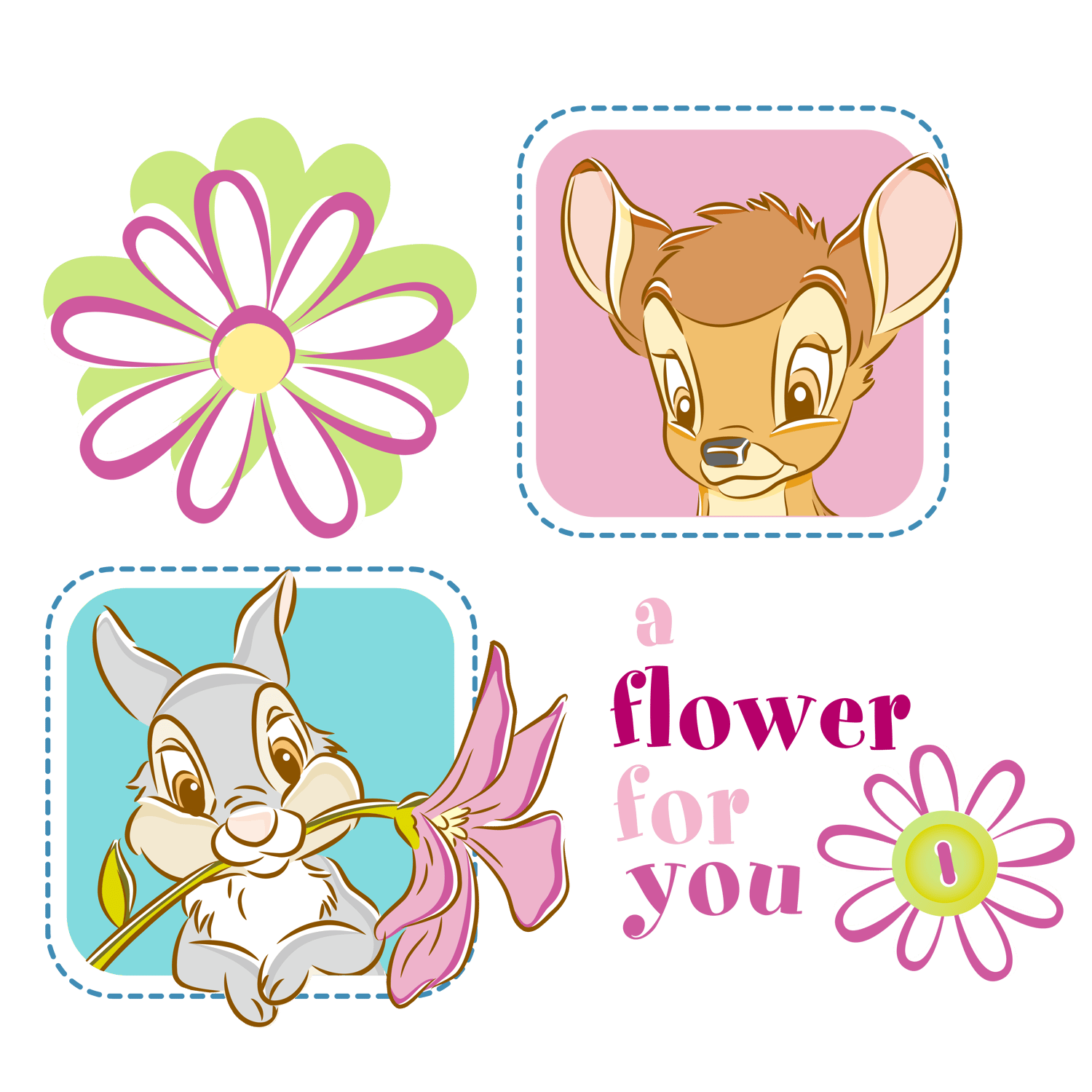 109 Bambi Thumper Flower PNG Stickers | Cute Woodland Animal Clipart | Baby Deer Bunny Skunk Printable | Kawaii Forest Stickers
