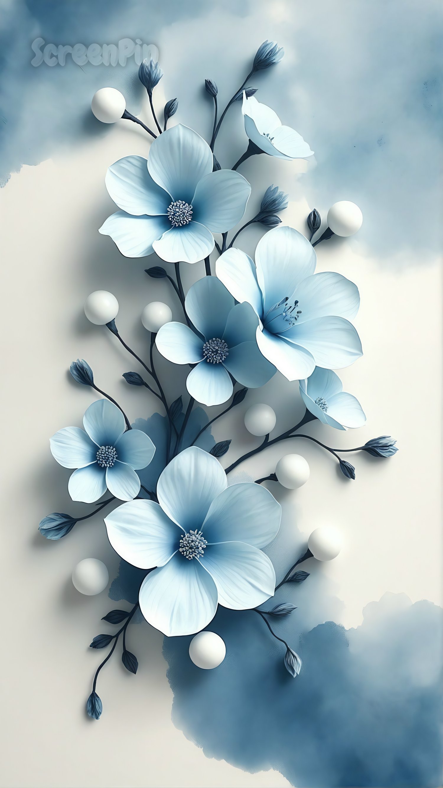 A surreal floral composition in white and blue tones, designed in a papercraft style with layered, hand-cut petals and dimensional shadows, evoking a dreamy and artistic atmosphere.