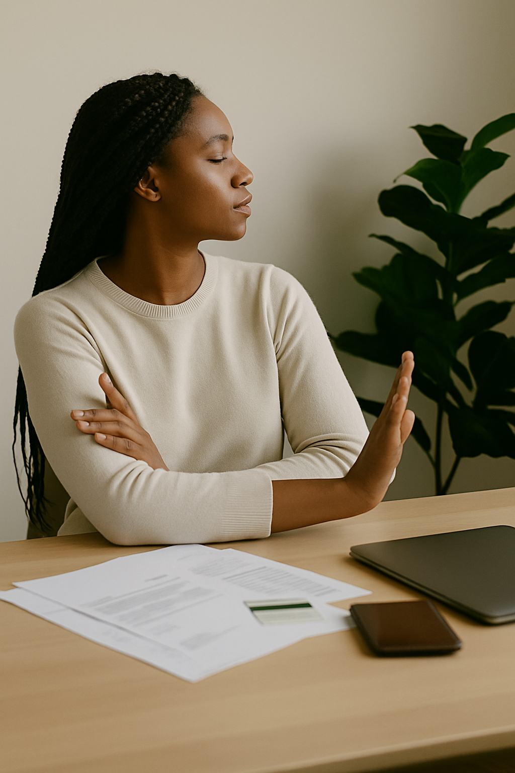Black woman reviewing financial documents while on the phone in an office setting. Setting clear boundaries with finances.