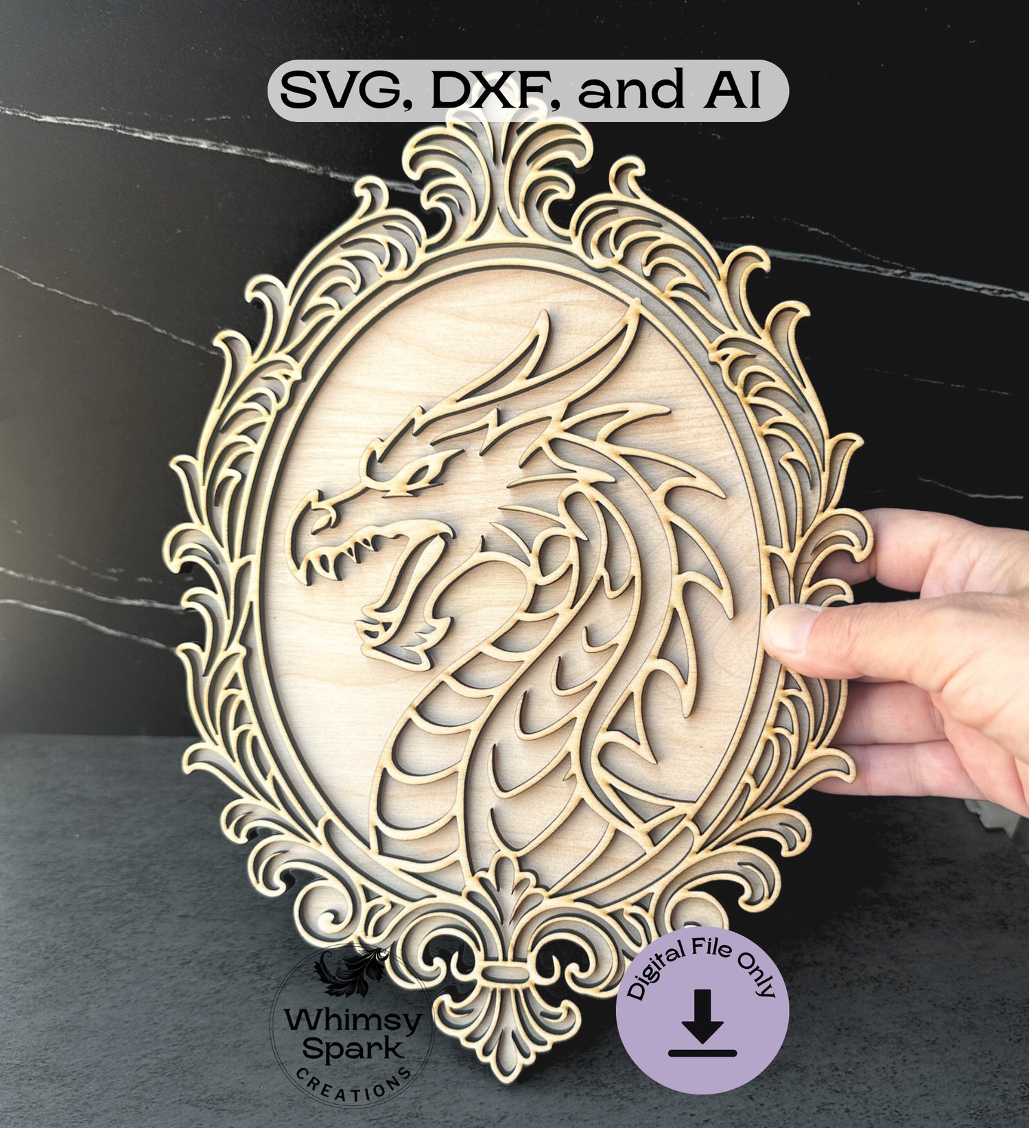 Assembled two-layer dragon SVG laser cut design in wood with ornate baroque frame