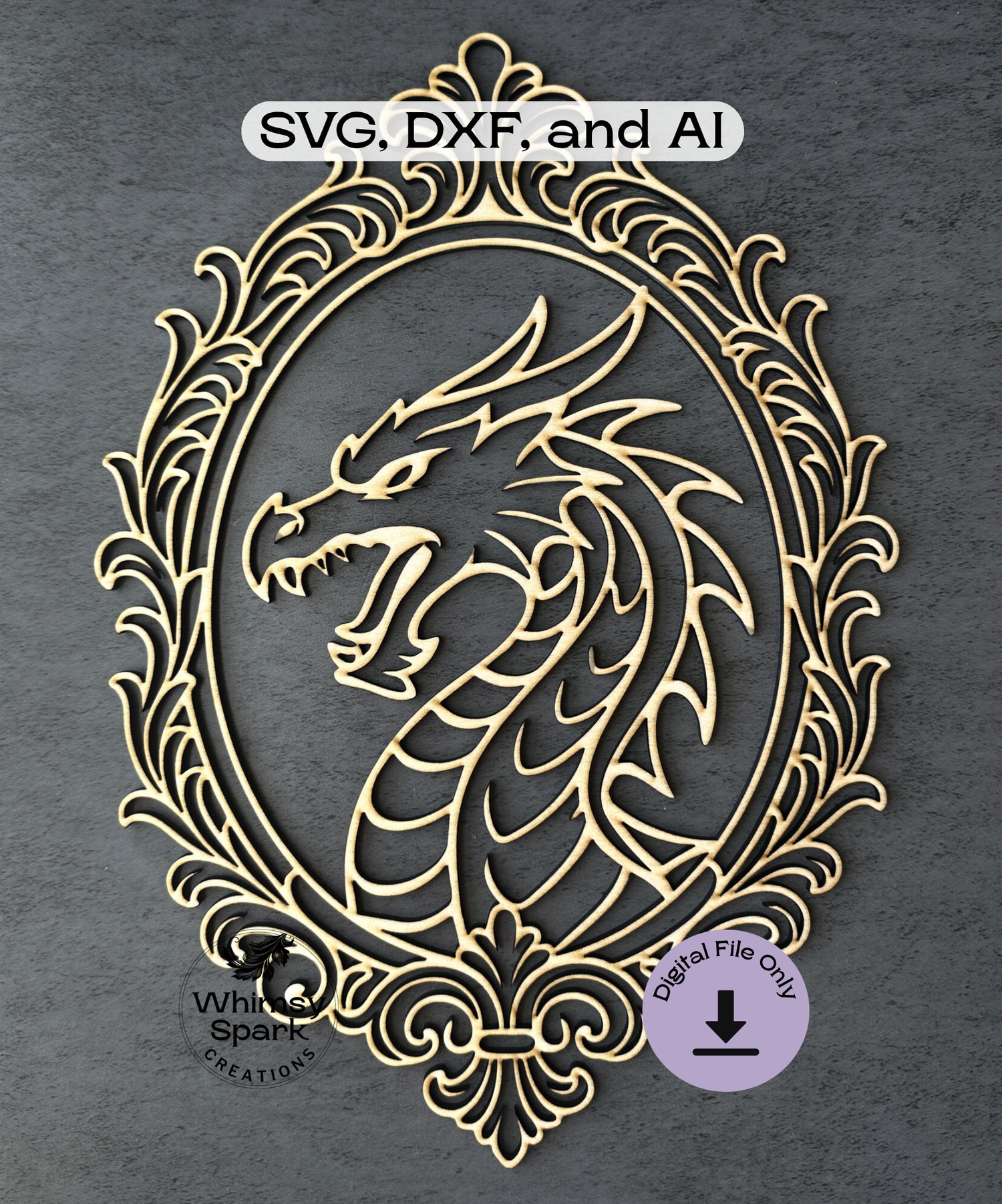 Dragon silhouette top layer of SVG laser cut file shown in black acrylic