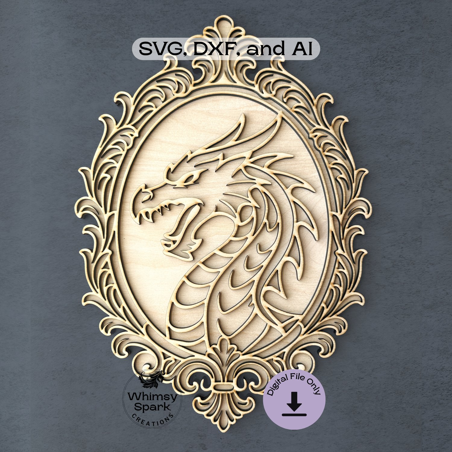 Assembled two-layer dragon SVG laser cut design in wood with ornate baroque frame