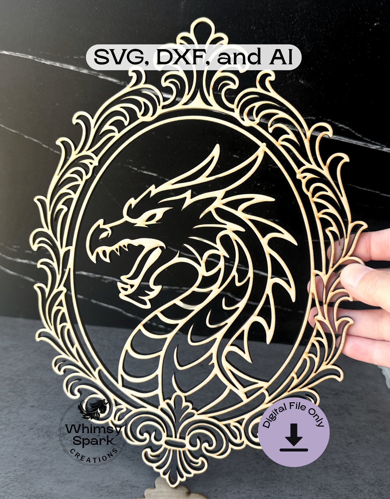 Dragon silhouette top layer of SVG laser cut file shown in black acrylic