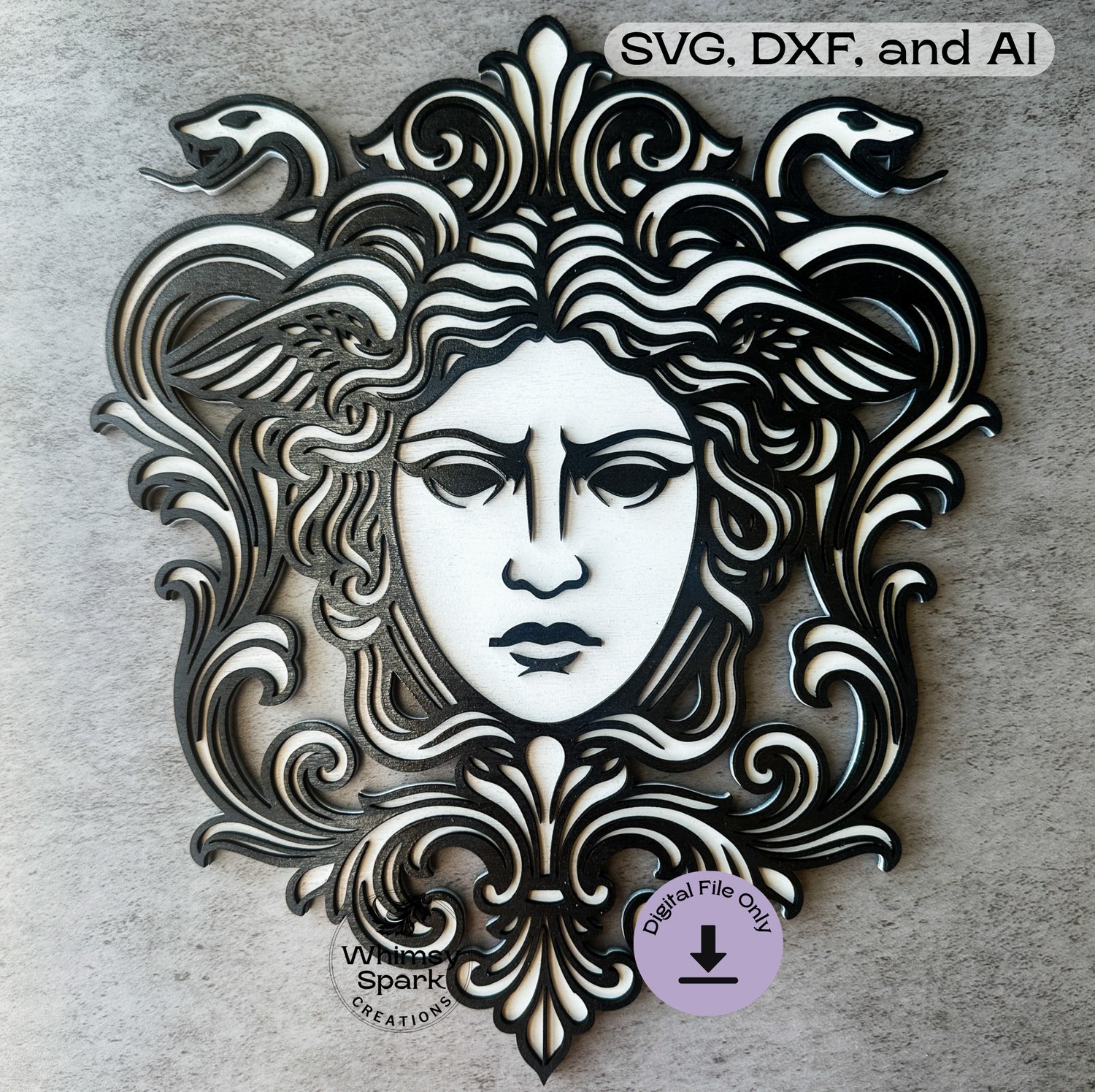 Layered Medusa SVG laser cut design in grayscale wood with baroque snake motif frame
