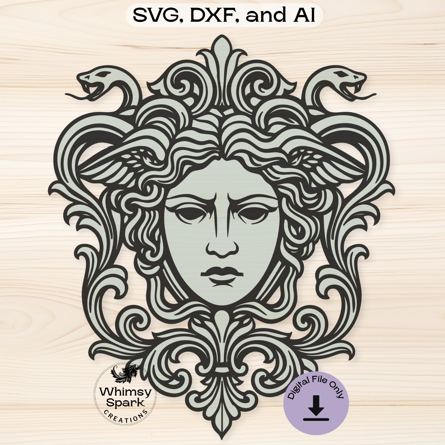 op layer of Medusa laser cut file showing ornate frame and stylized face with snake curls