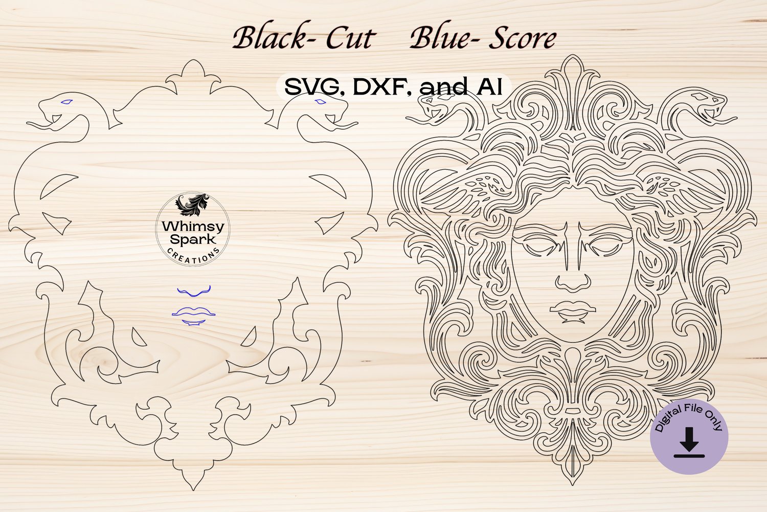 Vector layout preview of Medusa SVG file showing top and bottom layers with cut guides