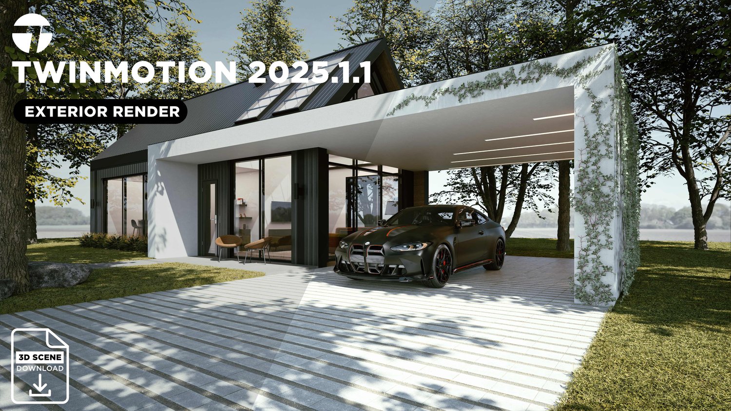 Flat exterior render transformed into a stunning realistic scene using Twinmotion.