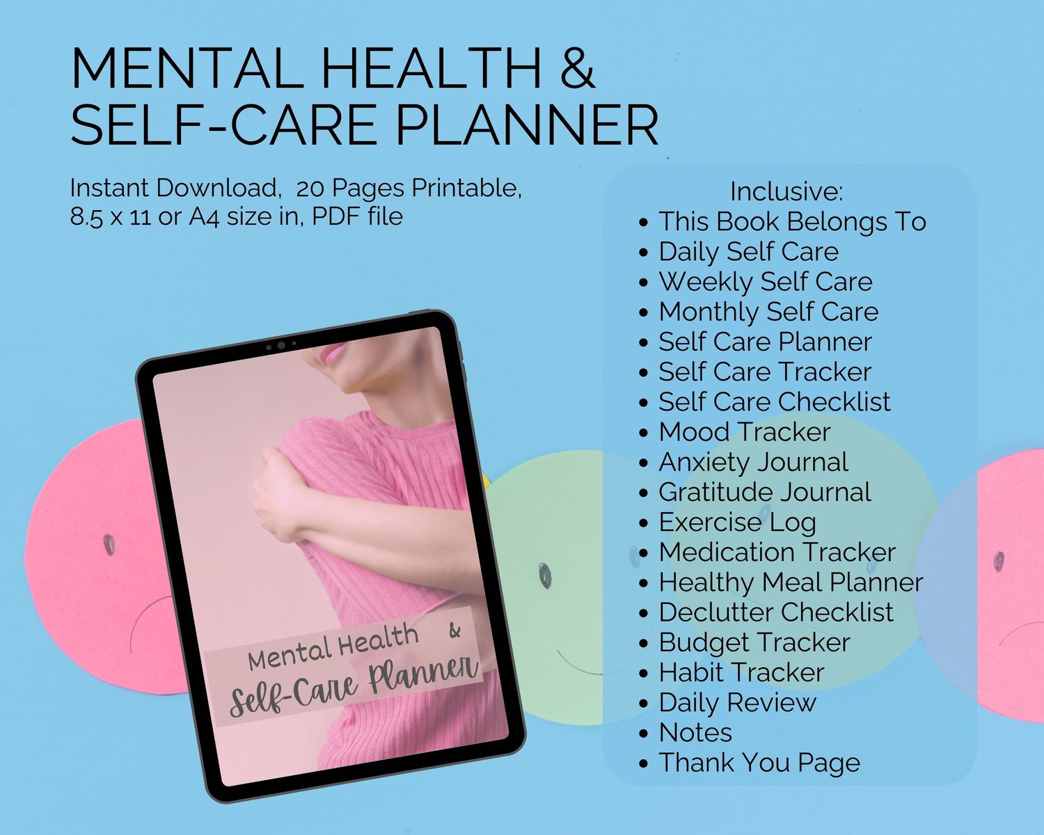 Mental Health and Self-Care Planner pages displayed on tablet with emotional face cutouts.
