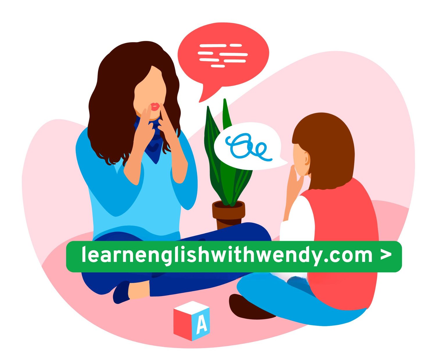 A woman and child sit on the floor, engaged in conversation, with colorful speech bubbles above them.