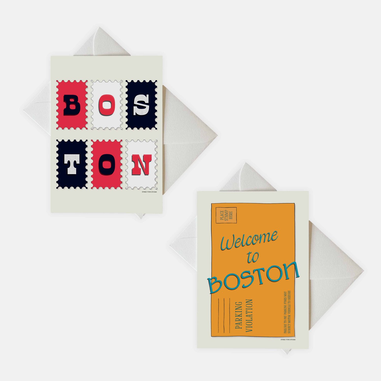 Two notecards with white envelopes. Notecards are for the Boston, Massachusetts area.