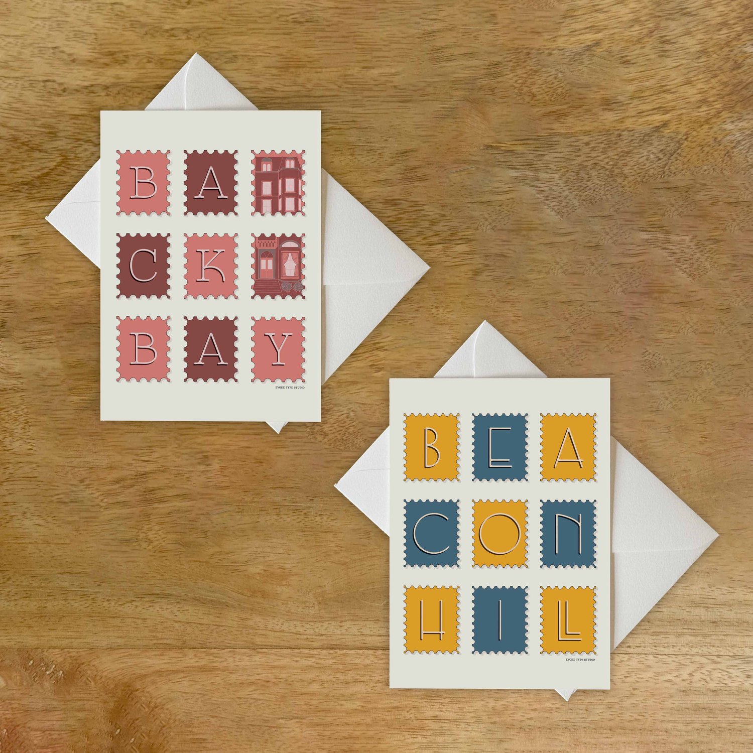 Two notecards with white envelopes. Notecards are for the Boston, Massachusetts area.