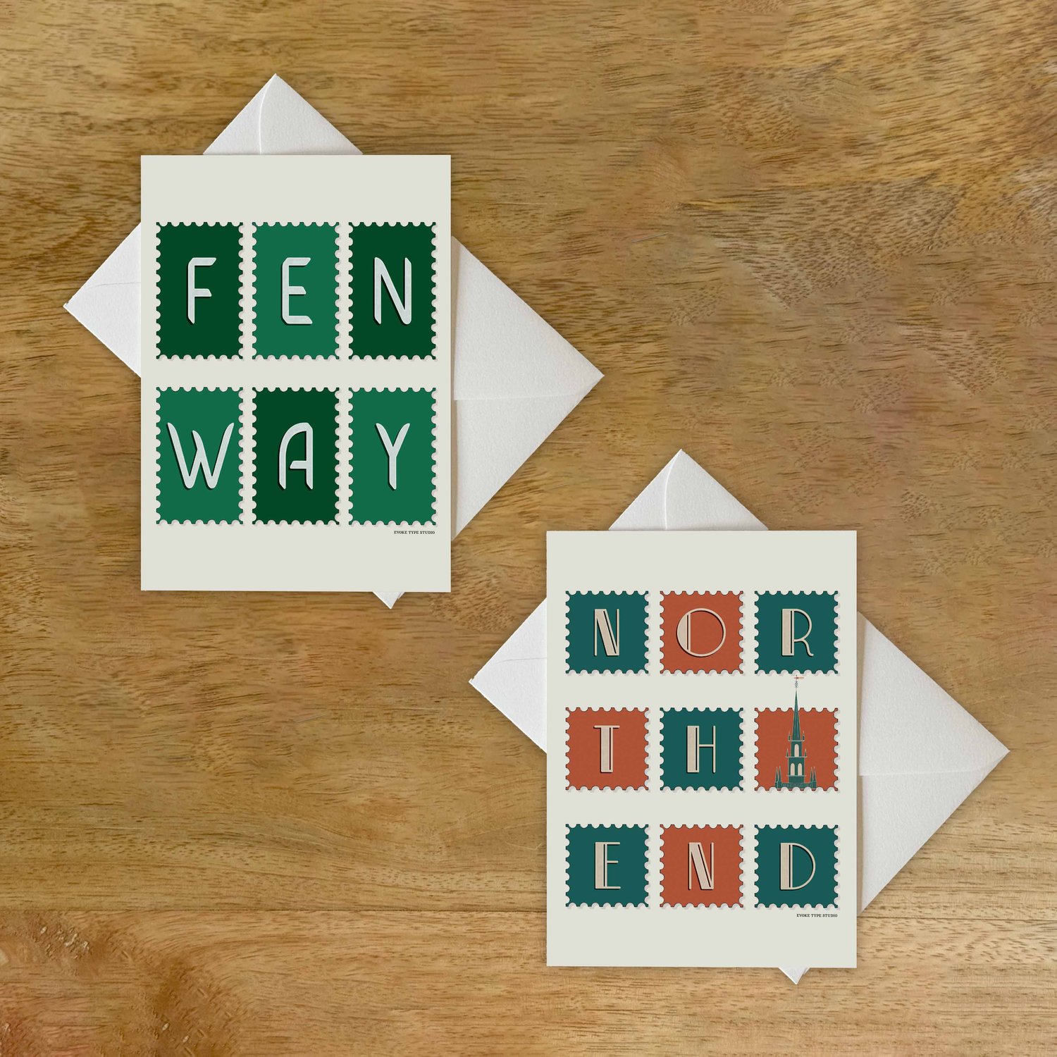 Two notecards with white envelopes. Notecards are for the Boston, Massachusetts area.