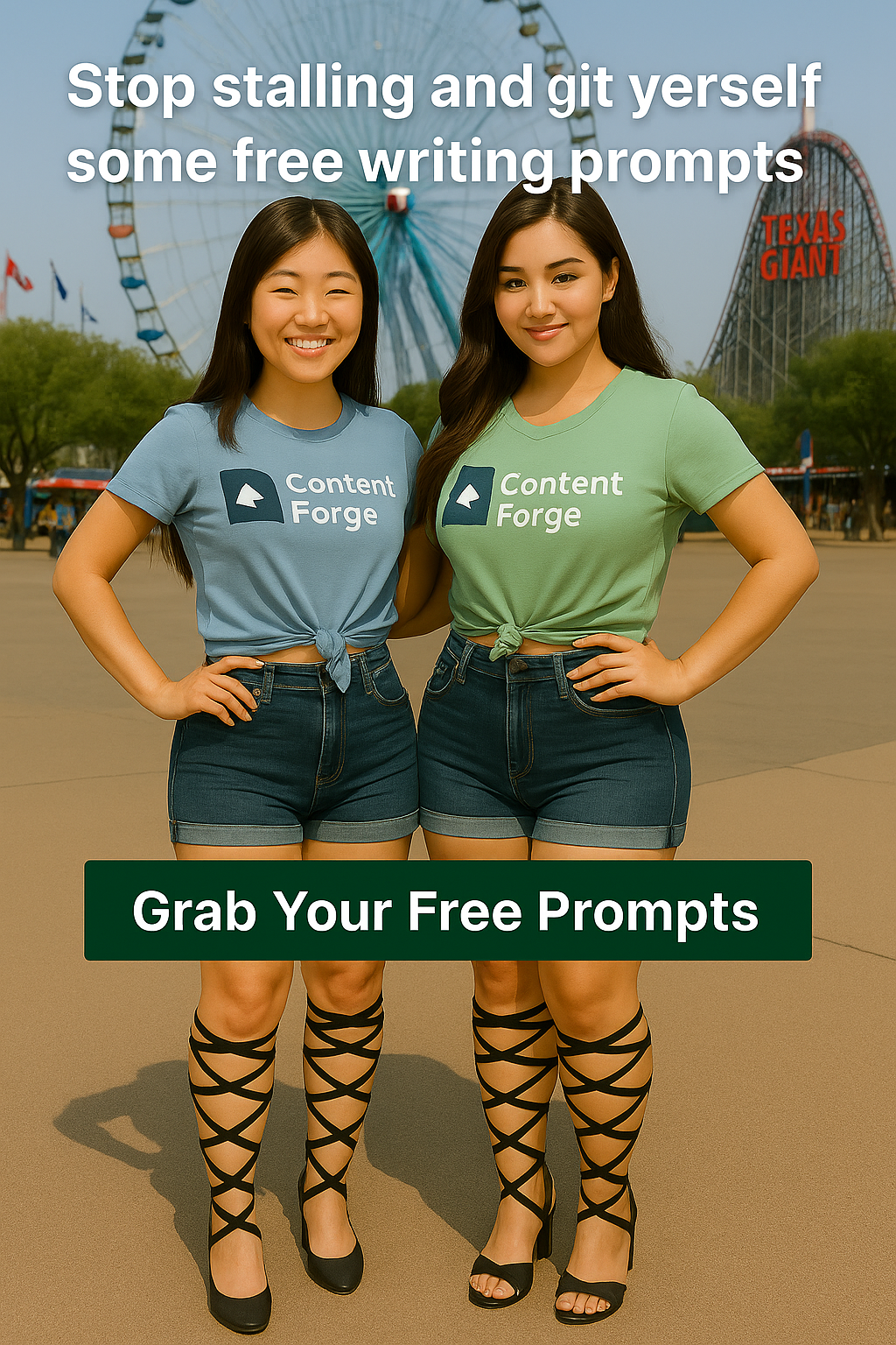 Two smiling women in Content Forge logo T-shirts and denim shorts pose at the Texas State Fair in front of the Ferris wheel, wearing black lace-up heels. Promotional image for free writing prompt download.