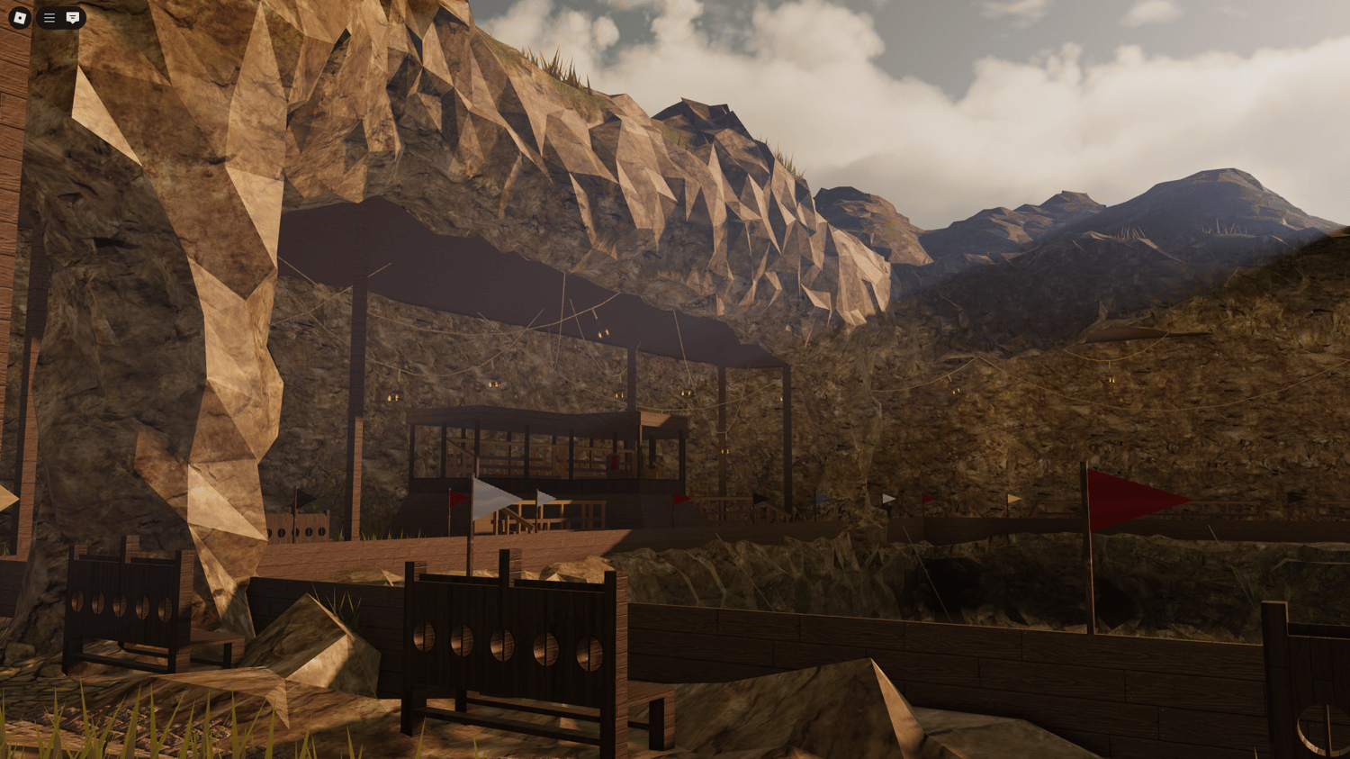 Overview of the full Medieval Tournament Grounds arena with bleachers and noble’s tent