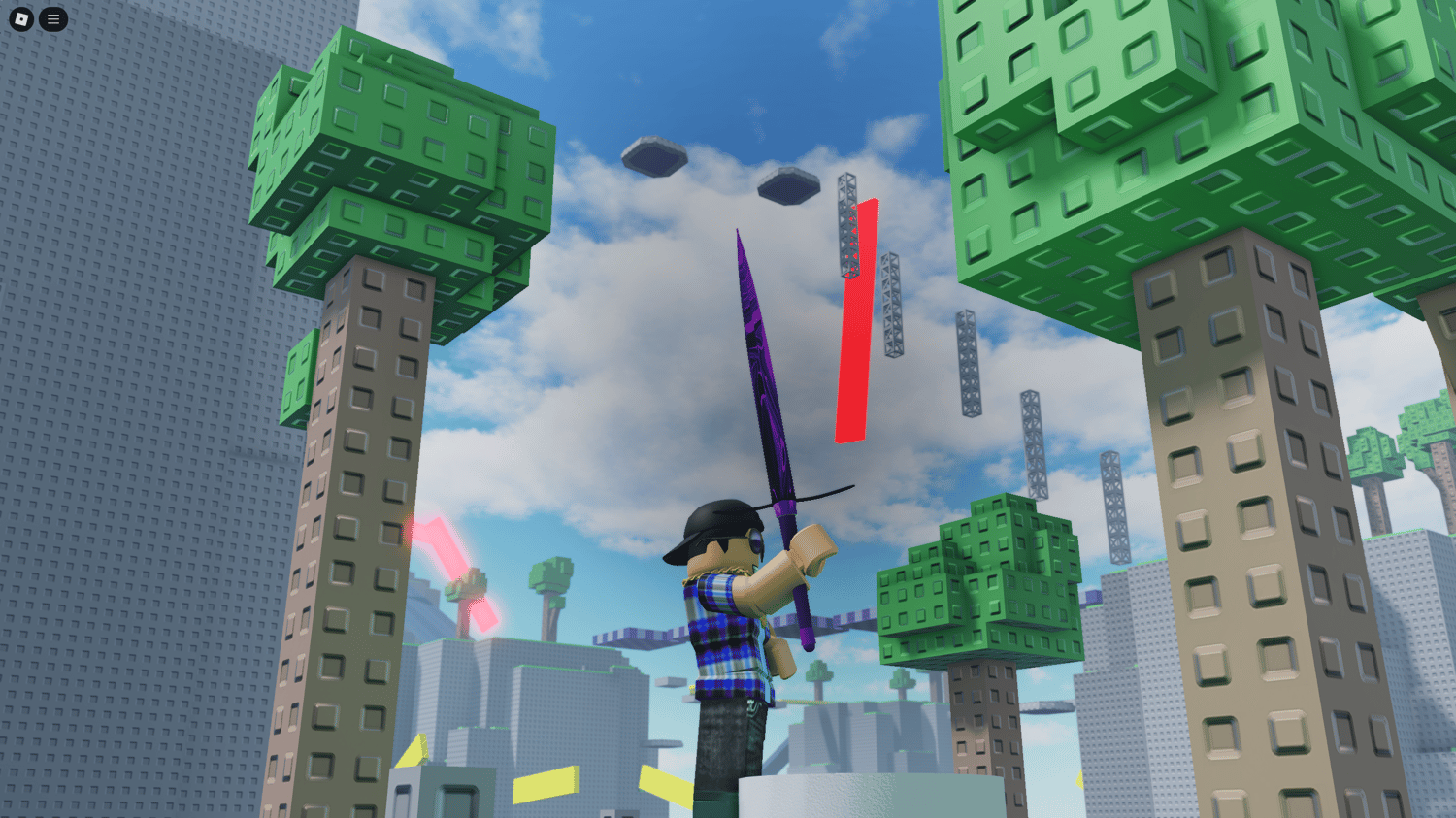 Player holding a custom sword while preparing to duel