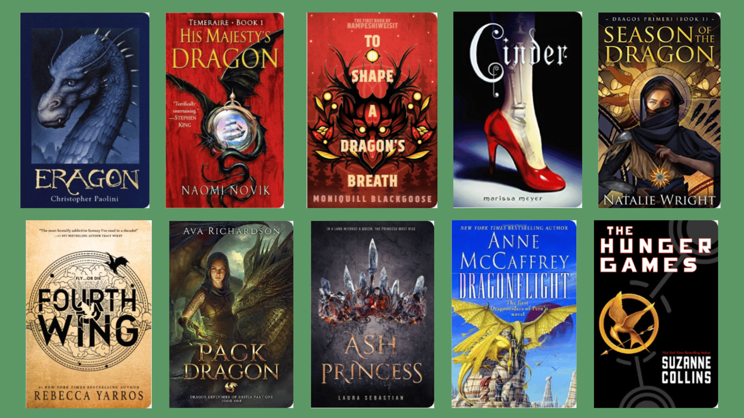 Fantasy books similar to Riders of Jade & Fire, Dragon Class, and Dragon Flame: Eragon, His Majesty's Dragons, To Shape a Dragon's Breath, Cinder, Season of the Dragon, Fourth Wing, Pack Dragon, Ash Princess, Dragonflight (Dragonriders of Pern), Hunger Ga