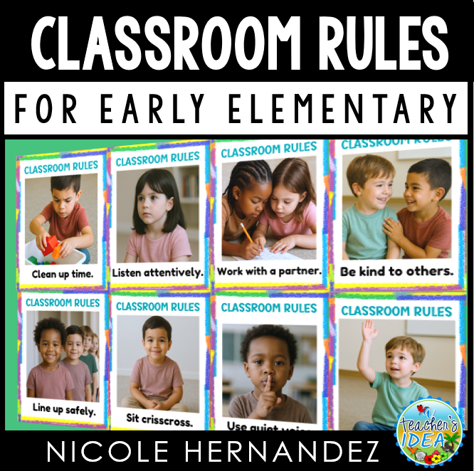 Classroom Management Collection printable resources preview featuring behavior charts, classroom rules posters, student checklists, and visual schedule cards displayed on colorful backgrounds for early elementary classrooms.