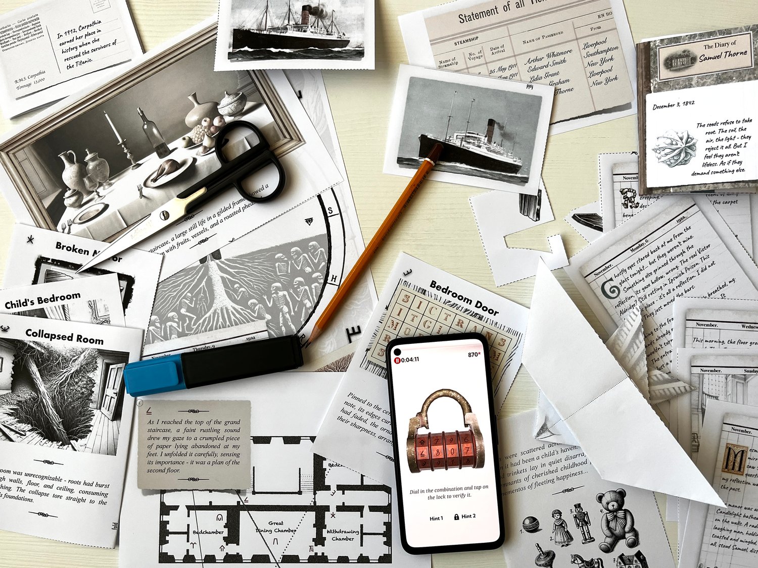 printable escape room game materials laid out on desk